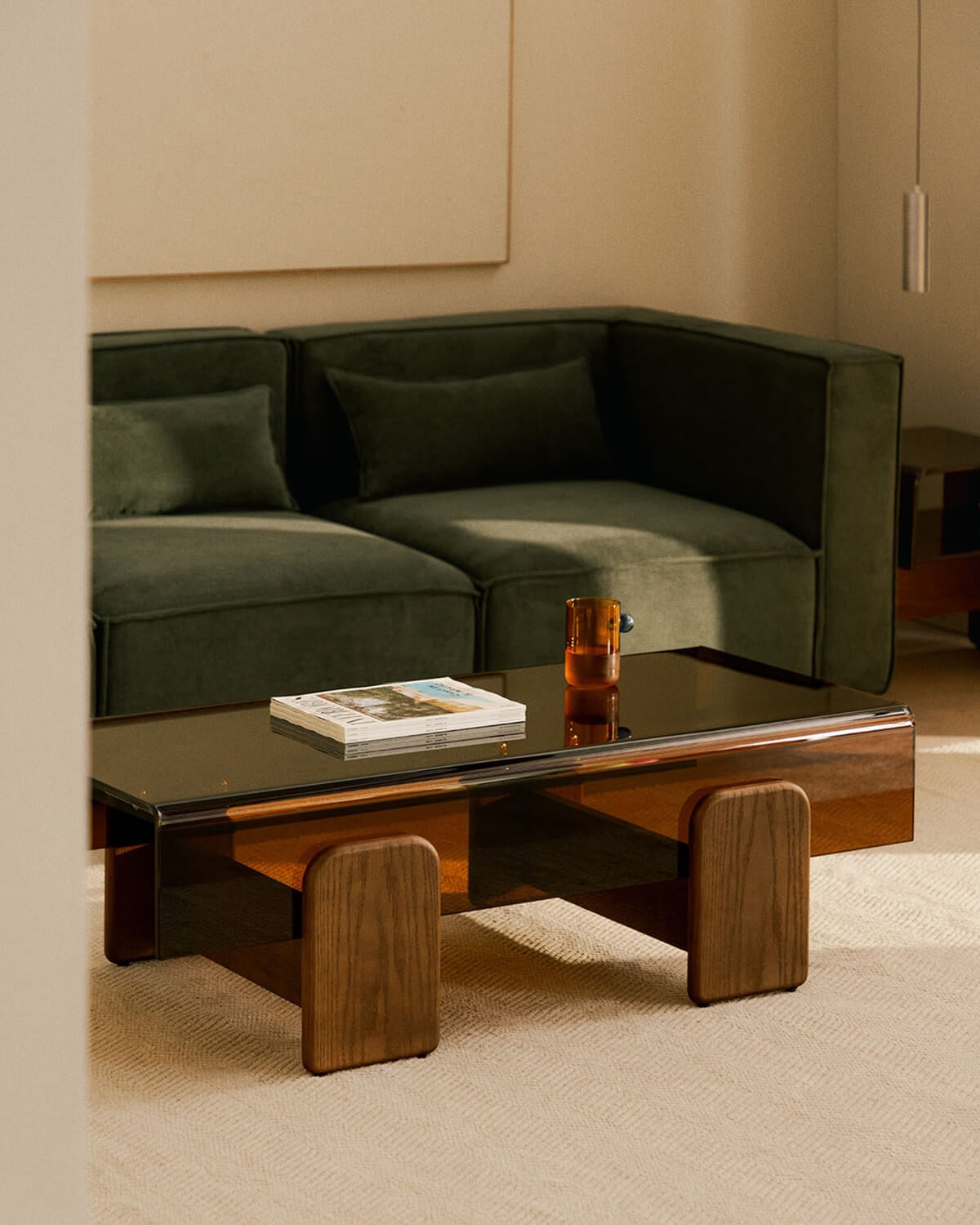 Clery - Mesa de Centro Rectangular de Cristal Curvado y Madera (120x60 cm) Clery