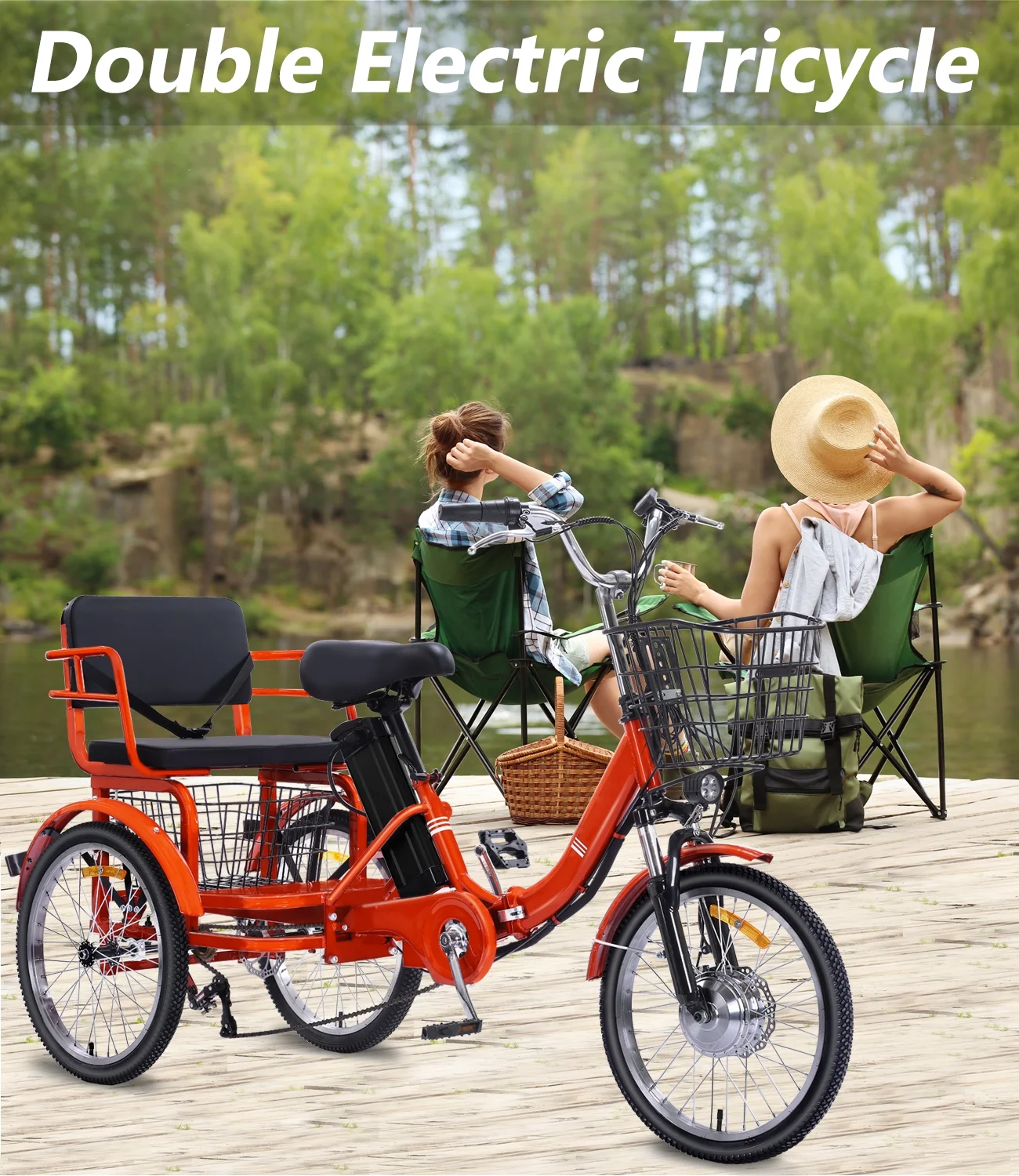 Electric Tricycle for Adults Folding Electric Trike 3 Wheel Electric Trike with Two-seater Large Basket Super Powerful Brushless 350W Motor 48V13AH Lithium Battery Max 20MPH E-Tricycle Orange - Image 9