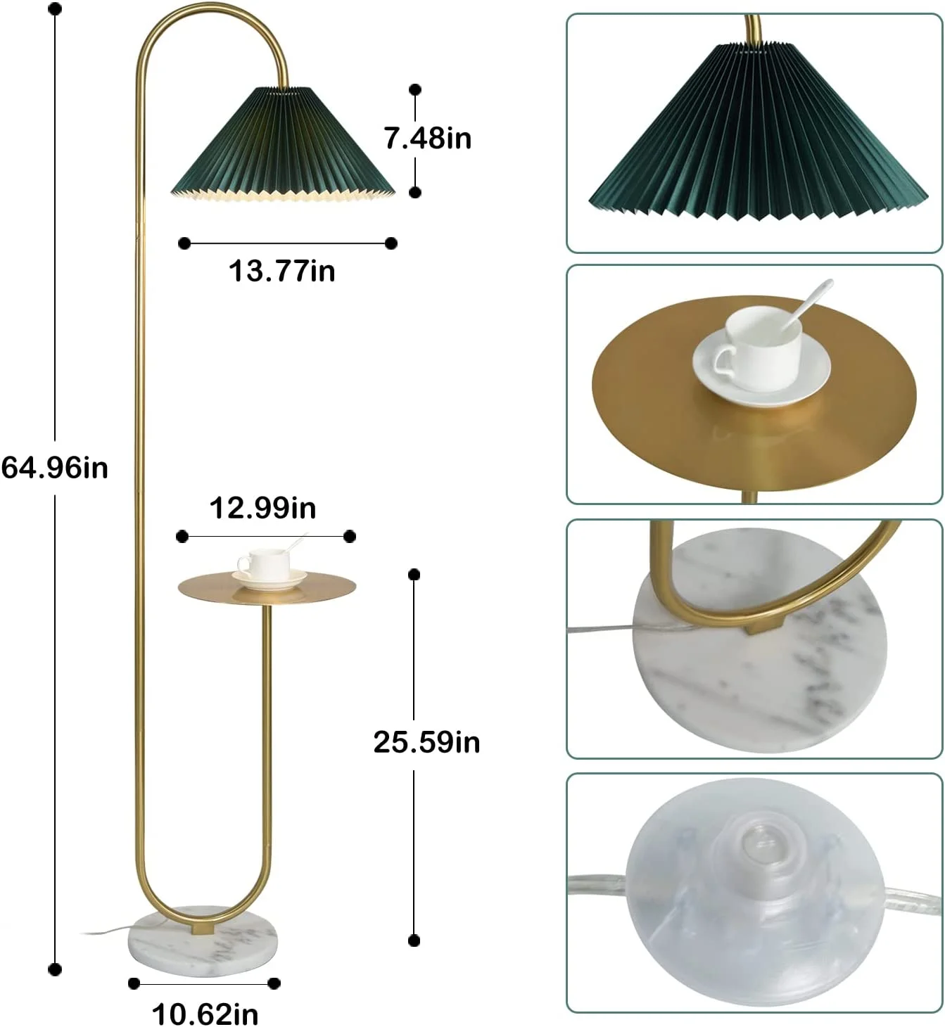 Modern Elegant with Tray Floor Lamp for Office Cafe Den Living Room Bedroom, Foot Switch and Brass/Gold Finish,Light Yellow Pleated Cloth Lampshade(Brass+Dark Green Lampshade) - Image 7