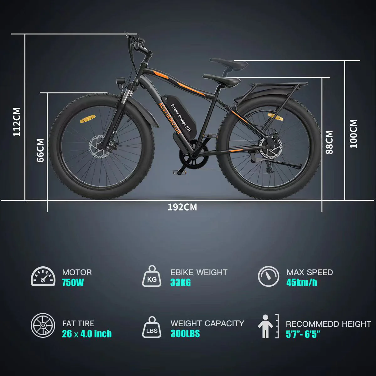 Electric Mountain Bike, 48V 13AH Removable Lithium Battery 750W Ebike with Rack, 26" 4.0 inch Fat Tire Bike, Electric Bicycle for Adults(Black) - Image 9