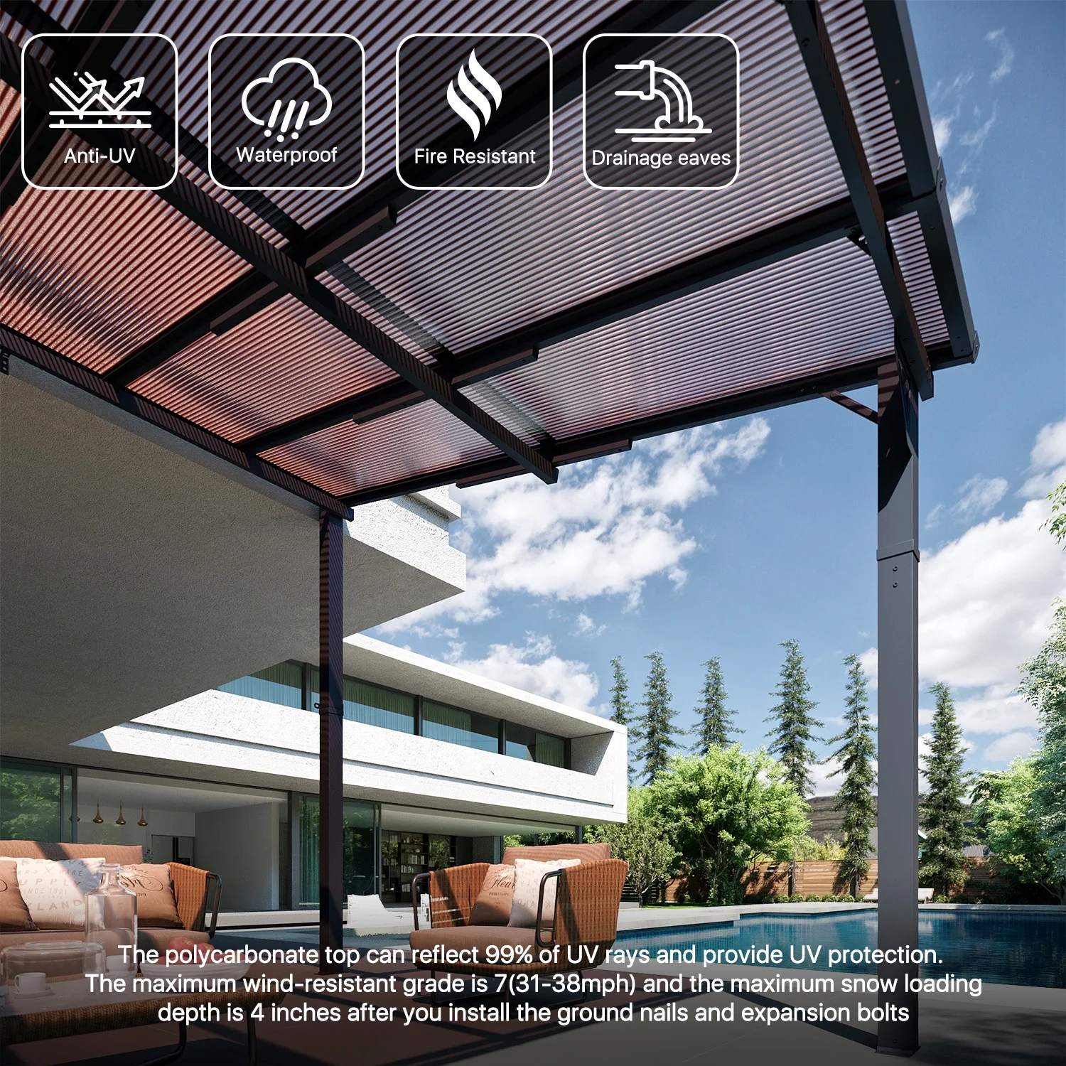 10'x12' Gazebo for Patio, Gazebo Pergola with Sloped Roof, Large Wall-Mounted Heavy Duty Awnings, for Patio, Deck and Backyard(10' x 12') - Image 8