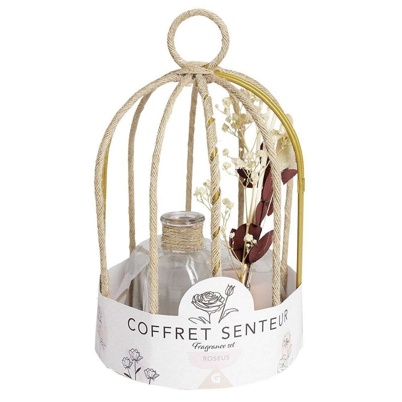 Coffret senteur cage corde fleur séchée rose Ø14xH24cm