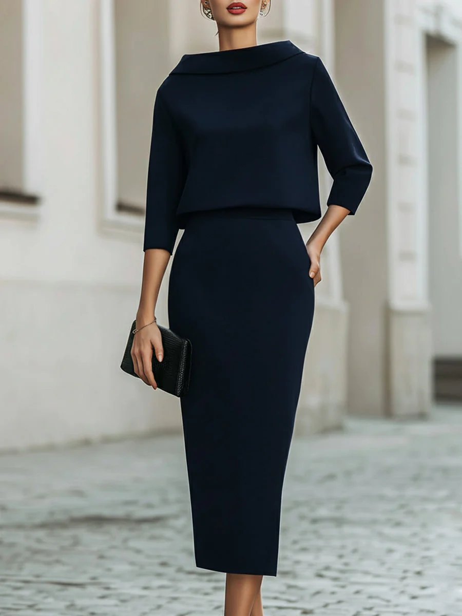 Ensemble Haut Col Bateau et Jupe Midi pour Femme