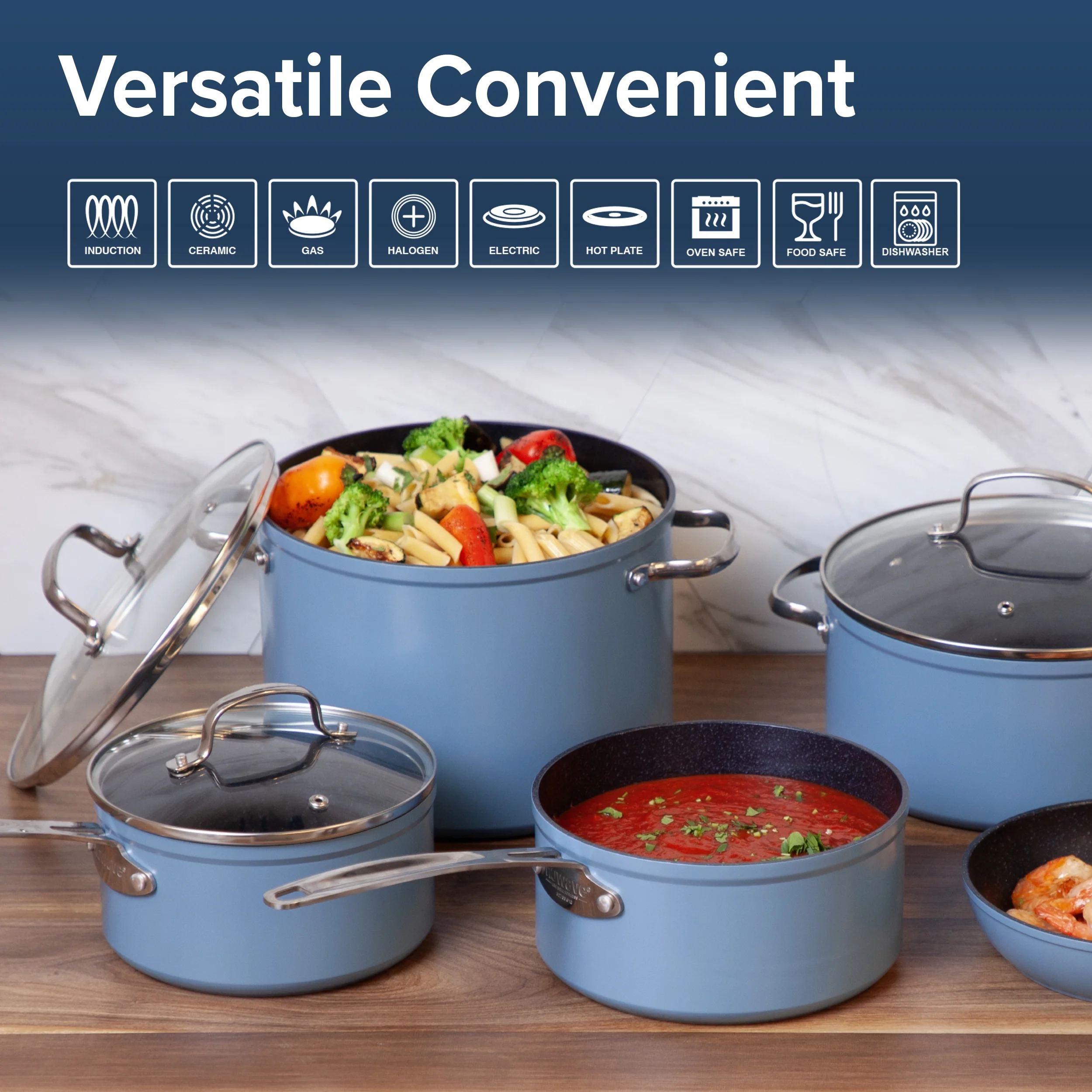 Nuwave 10 Piece Induction Compatible Duralon Blue Ceramic Non - Stick Cookware Set, Cozy Blue