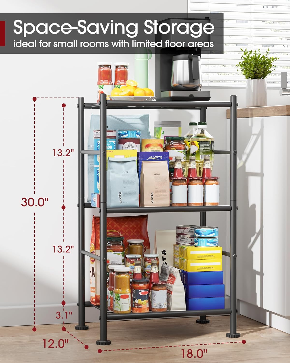 Sakugi Storage Shelves - 3 Tier Shelf Organizer, Sturdy Metal Garage Shelving with Adjustable Leveling Feet, Space-Saving Shelves Organizer for Pantry, Laundry, Kitchen (18