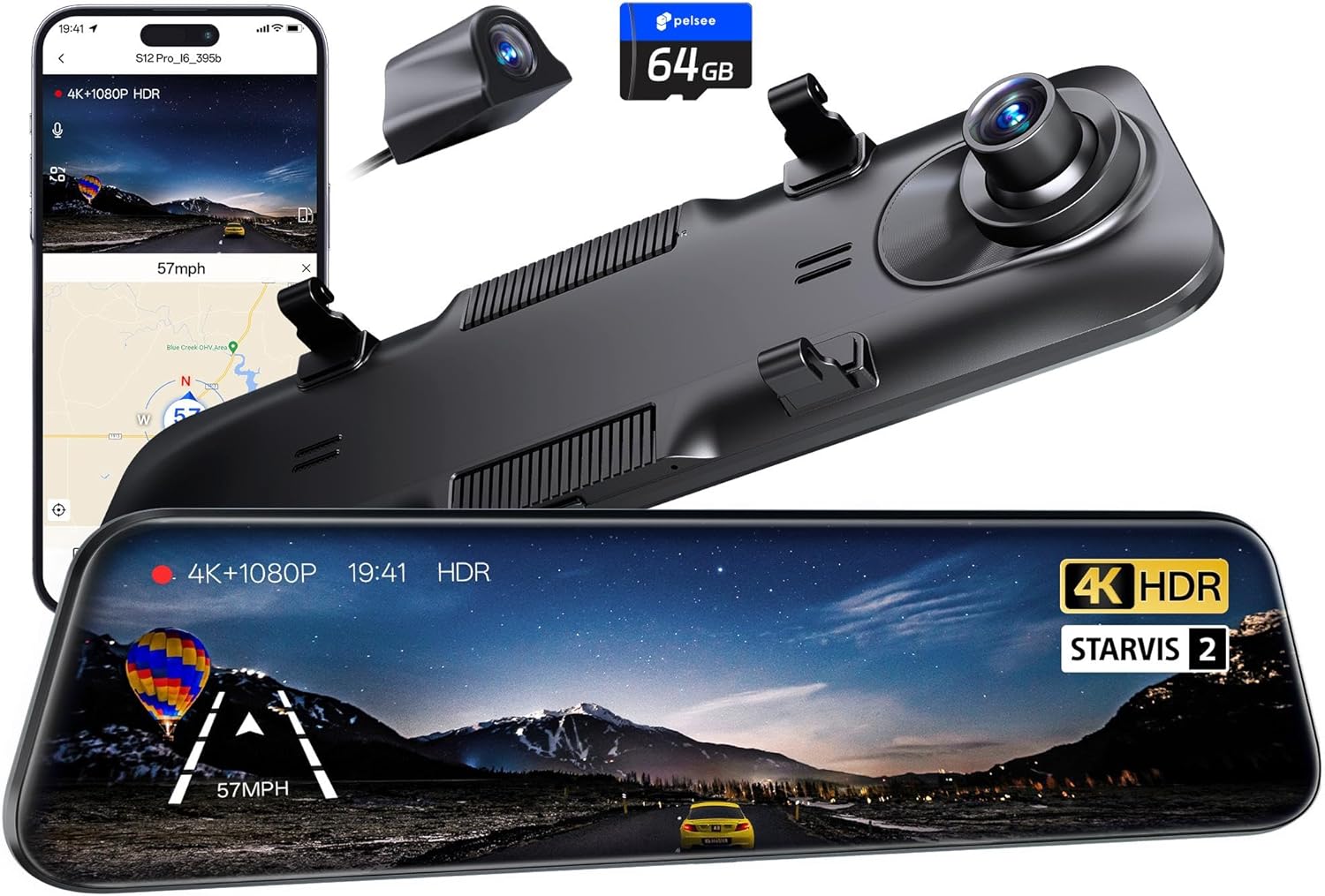 Pelsee S12 Pro Mirror Dash Cam with STARVIS 2 Sensor  Rear View Mirror Camera 5.8GHz WiFi  4K Front and 1080P Rear Backup Camera for Car  ADAS &BSD  Voice Control  Color Night Vision  64G Meomory Card