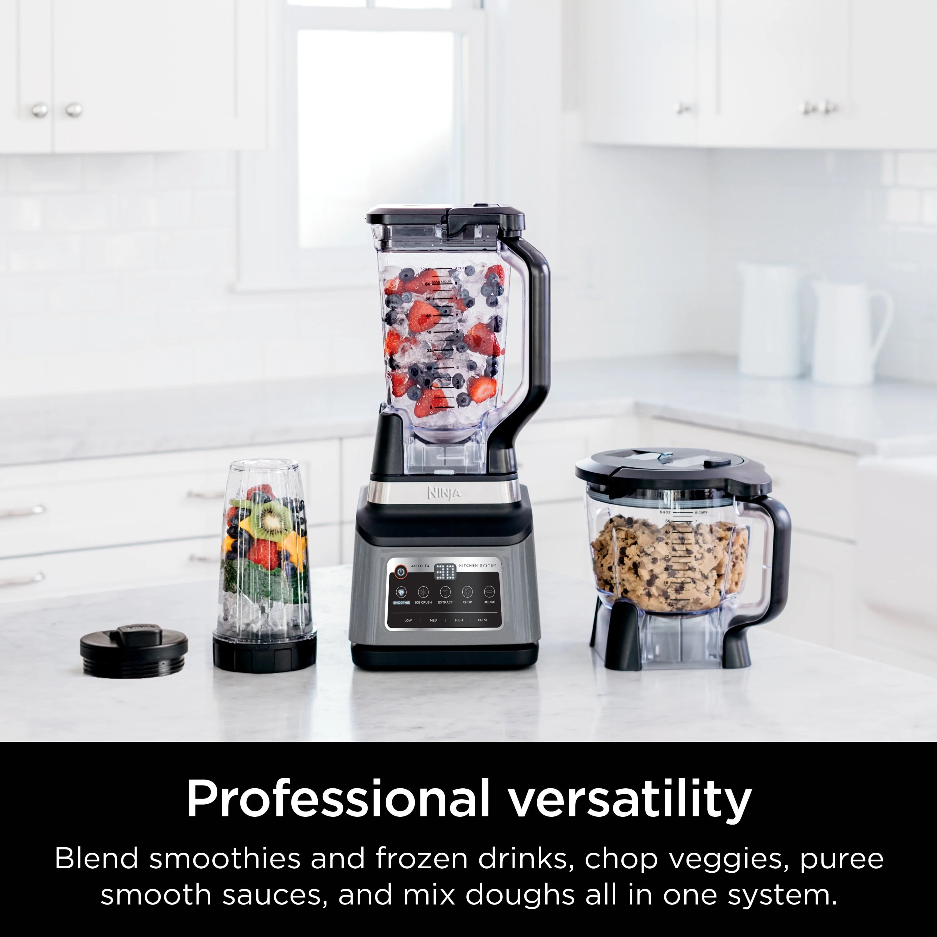 Professional Plus Kitchen System, 1400 Watts, 5 Presets for Smoothies, Chopping, Dough with Auto IQ, 72 oz * Blender Pitcher, 64 oz Processor Bowl, 24 oz To Go Cups, Black, BN800 Image 6