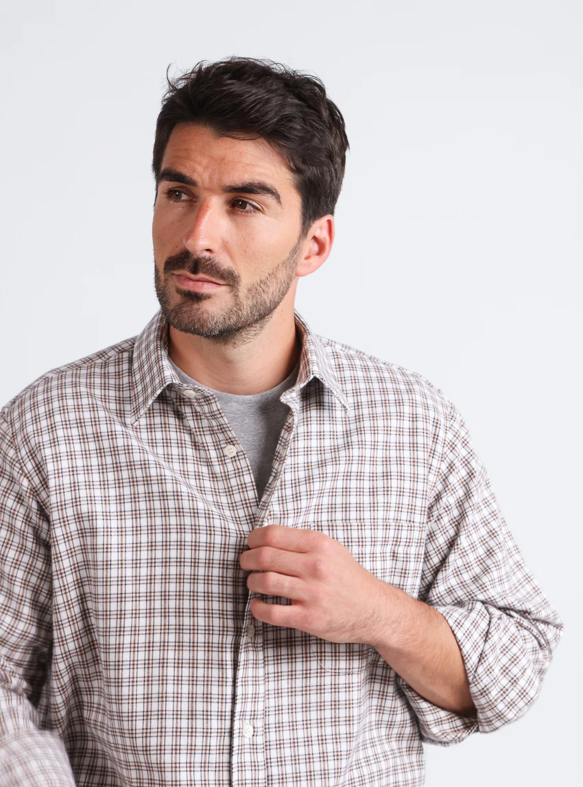 Chemise homme à carreaux coton et laine Beige Camel