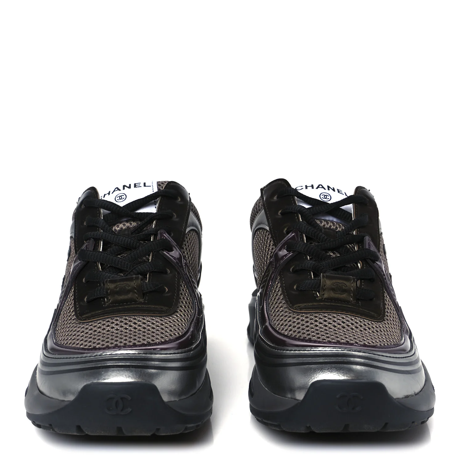 Fabric Laminated Calfskin Stretch CC Womens Sneakers 37 Khaki Silver Dark Purple
