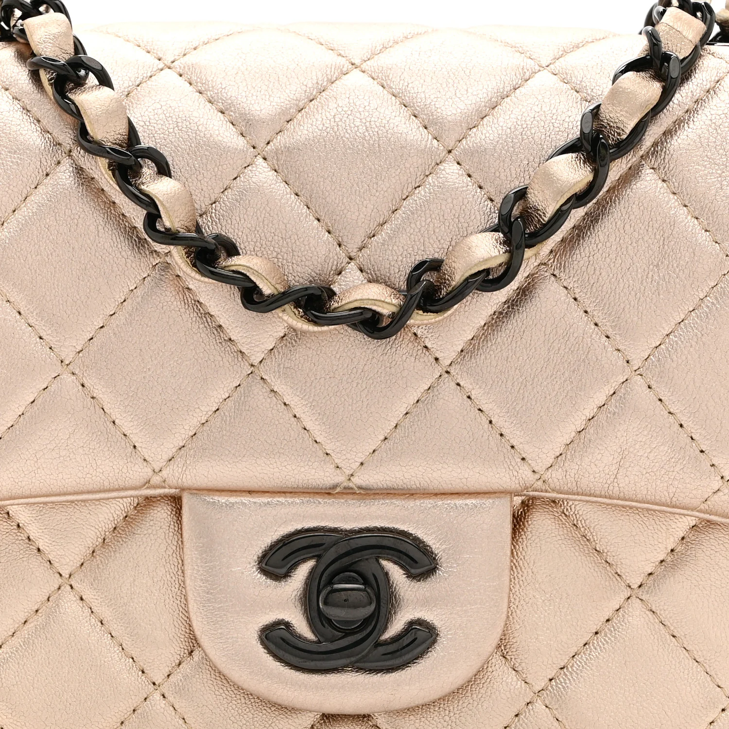 Metallic Lambskin Quilted Mini Square Flap Gold Black