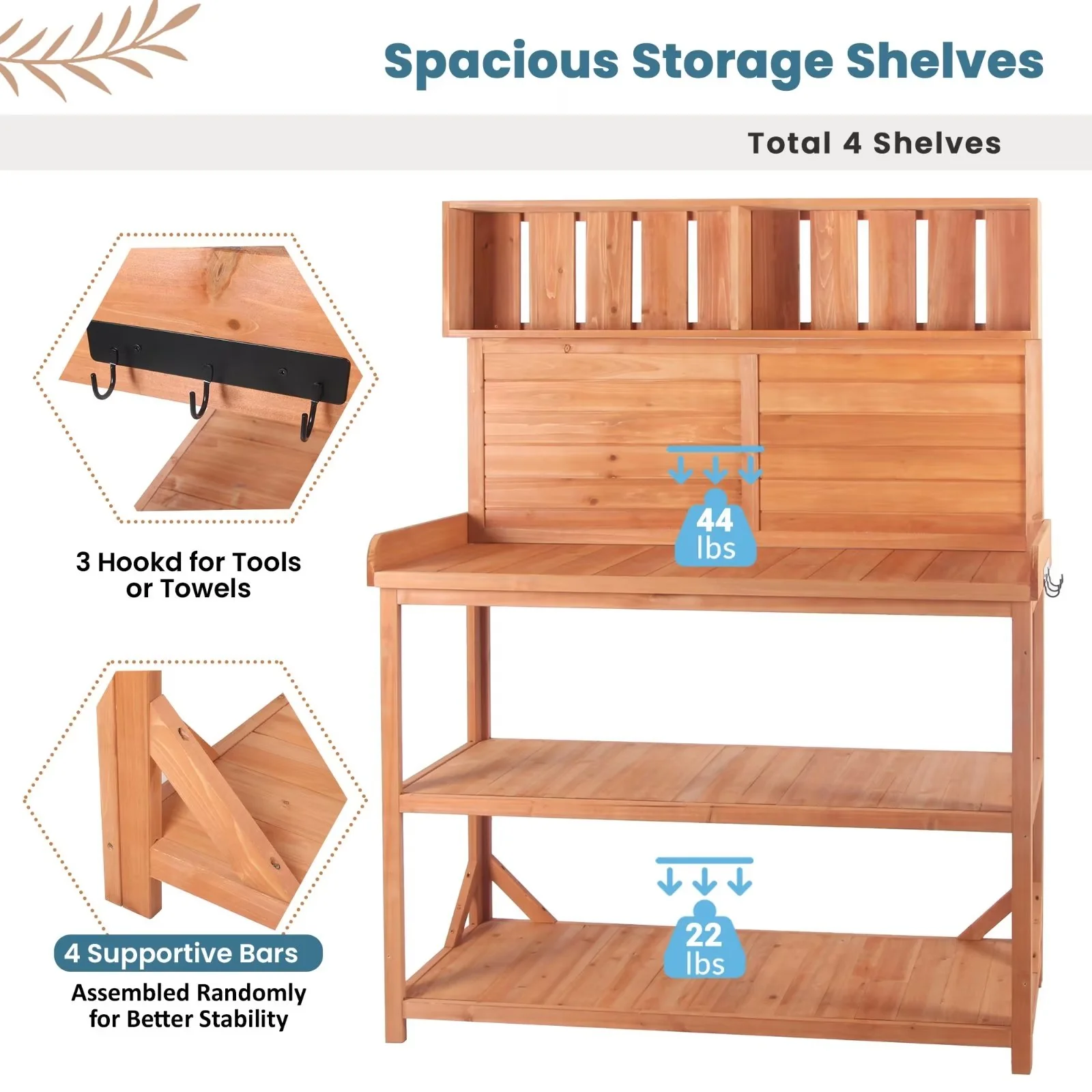 65 Outdoor Potting Bench Table, Farmhouse Wooden Garden Patio Workstation with 4 Storage Shelves and 3 Side Hooks, Multifunctional Potting Planting Table for Mudroom, Backyard, Natural