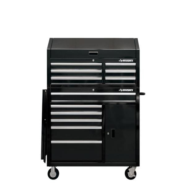 Ensemble coffre à outils et armoire à roulettes de 104 cm de large et 12 tiroirs de profondeur, finition noir brillant, avec table d'appoint