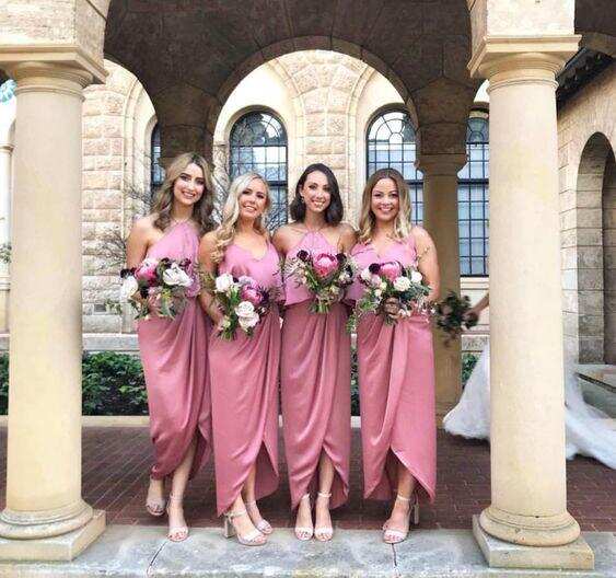 Modest Pink High Low Long Bridesmaid Dress with Ruffles DMG62