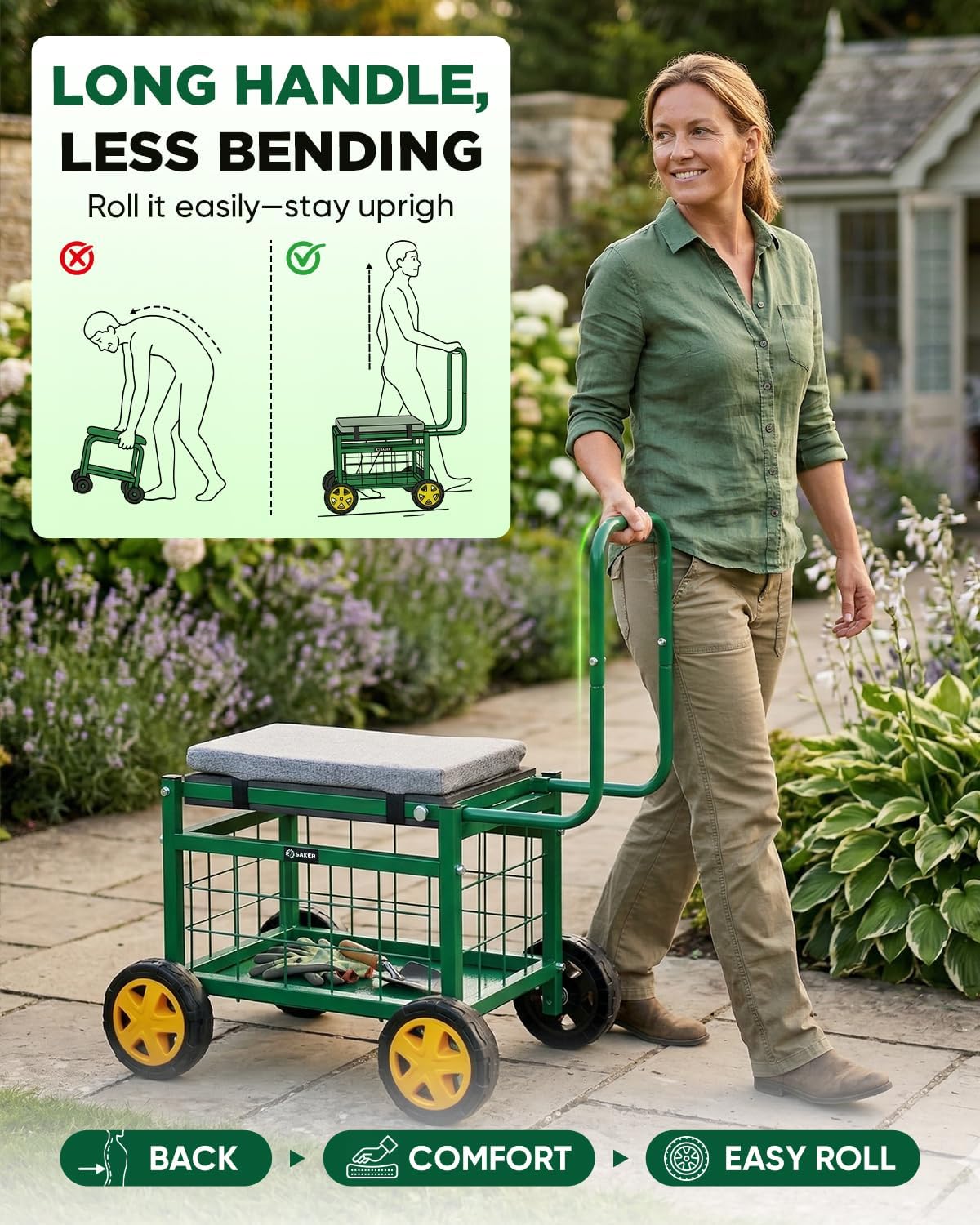 Saker Rolling Garden Cart with Seat & Wheels 15.7
