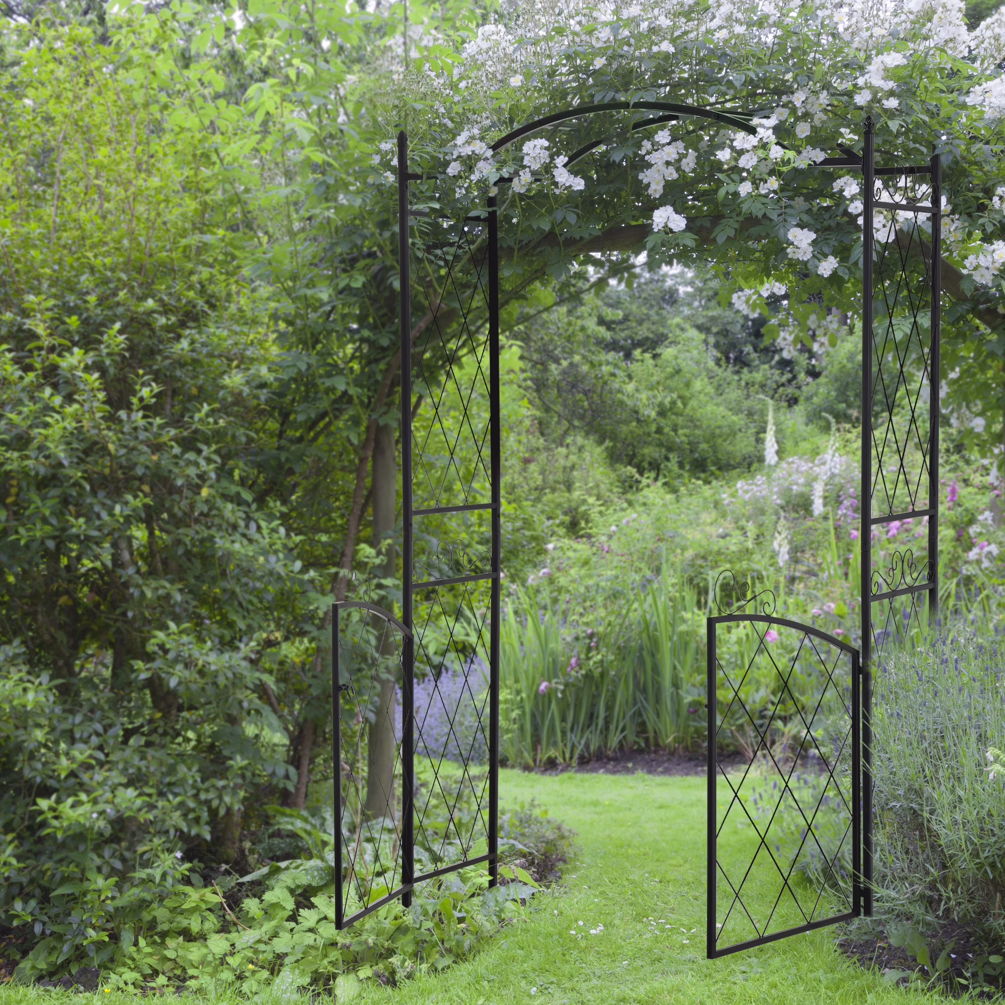 Outsunny 85 Garden Arch Arbor, Metal Arch Trellis with Gate, Garden Archway for Climbing Vines, Wedding Ceremony Decoration, Black