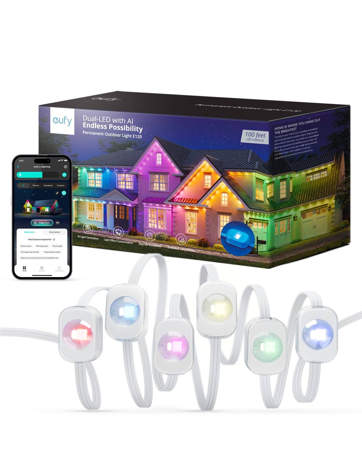 Eufy Permanent Outdoor Light E120, 100ft with 60 Dual-LED RGB and Warm White Eave Lights, App Control, AI Light Design, Endless
