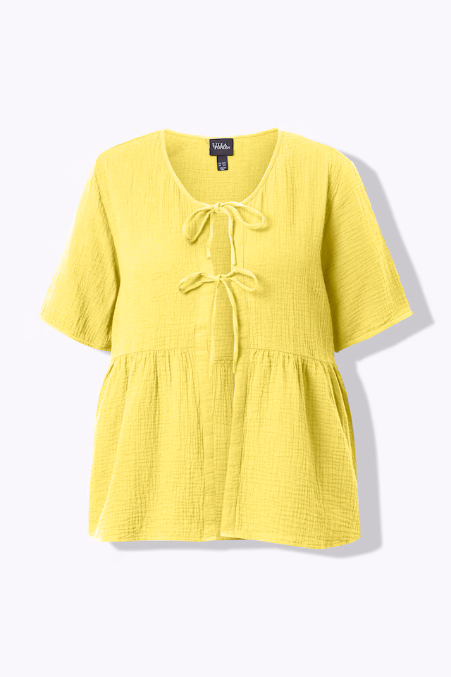 Muslin Short Sleeve Ribbon Tie Blouse