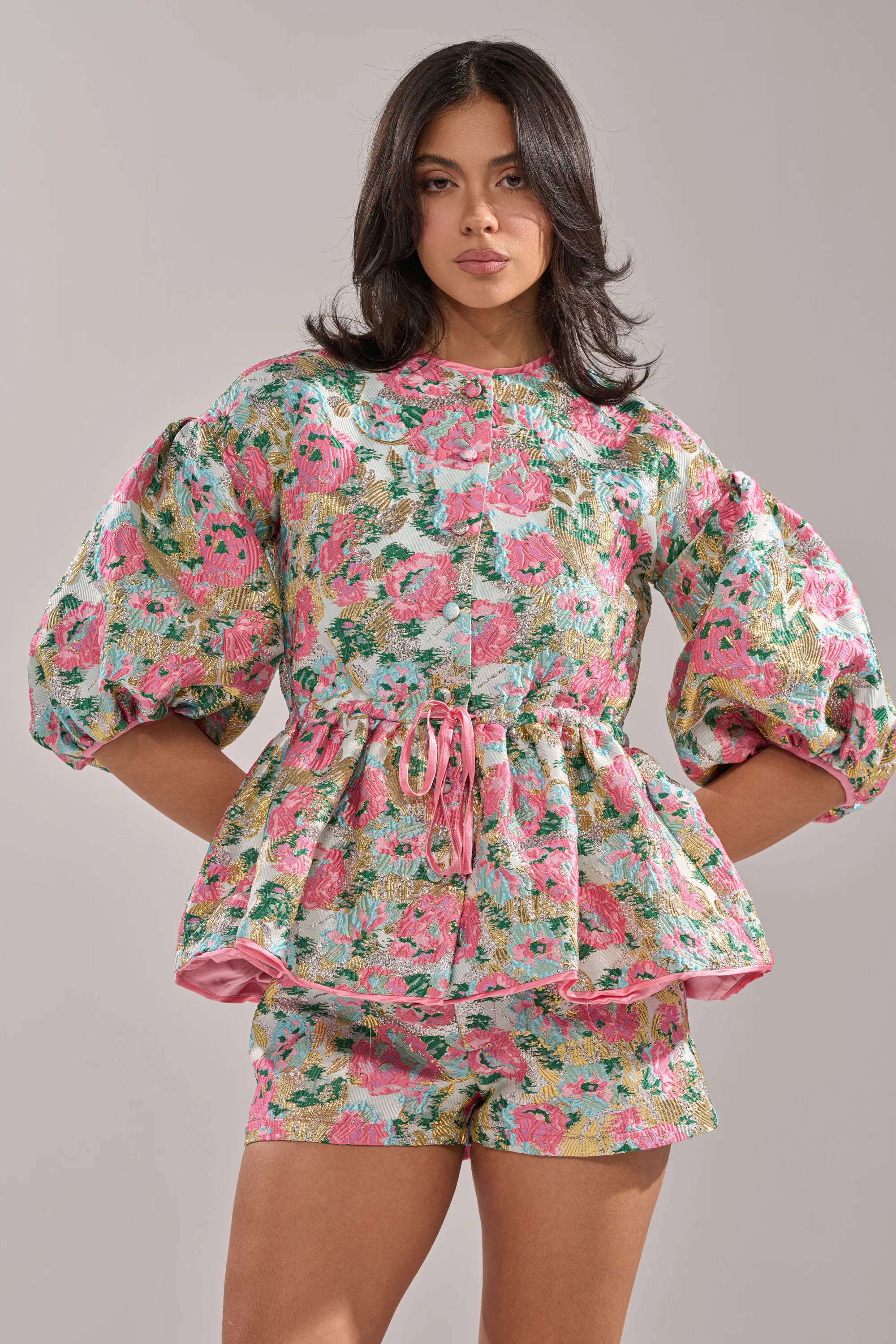 TEA TIME FLORAL BROCADE SHORT SLEEVE BLOUSE - Akira Store