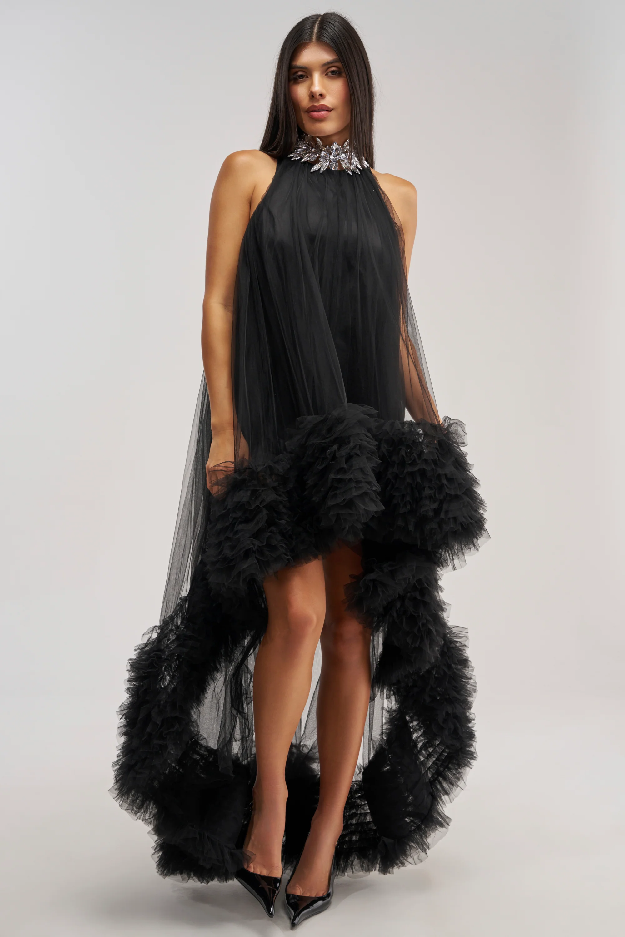 ARI TULLE RUFFLE HIGH LOW DRESS IN BLACK - Akira Store