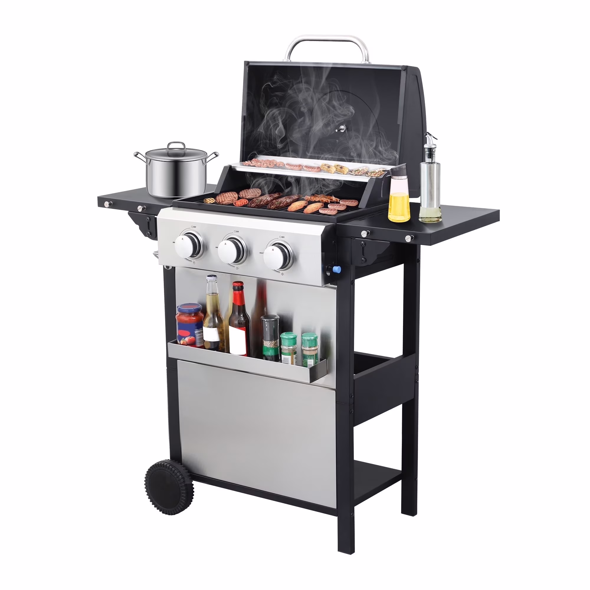 3-Burner Propane Gas Grill with 2 Foldable Side Tables, 30,000 BTU Outdoor BBQ Stainless Steel Grill with Porcelain-Enameled Cast Iron Grates and Thermometer, Easy Assembly for Patio, Backyard BBQ(Pro 3-Burner) - Image 3