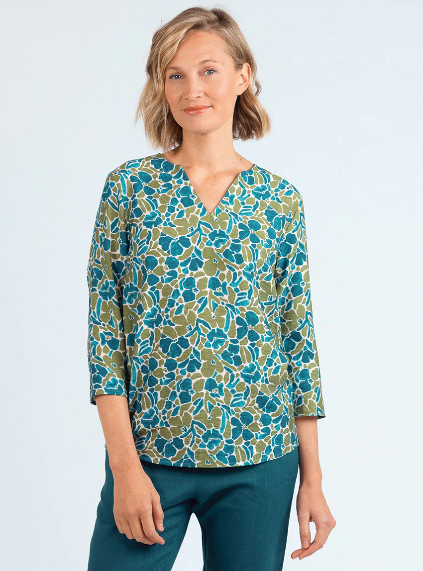 Blouse femme viscose floral bleu paon