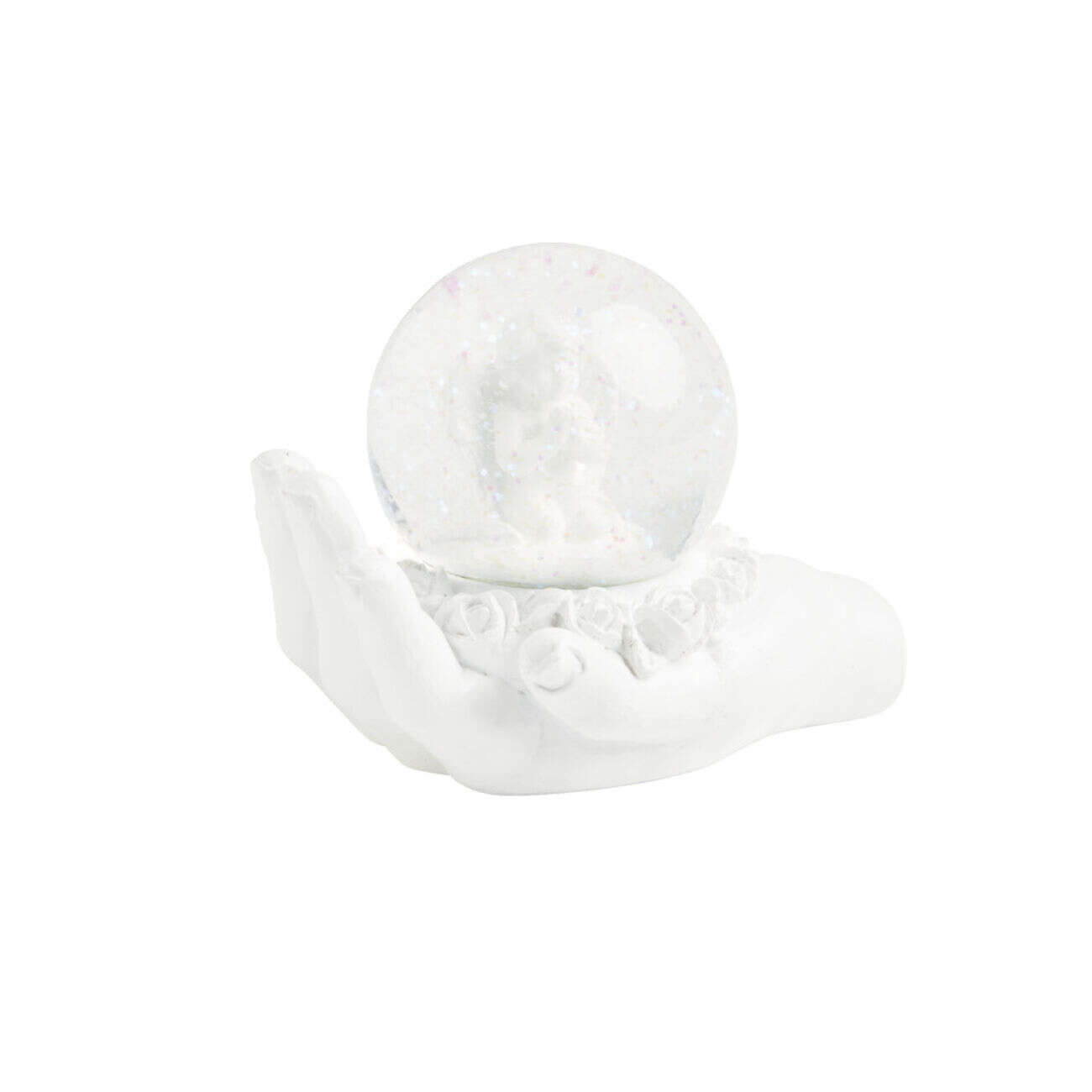 Main polyrésine blanche avec boule de neige ange à poser Ø6,5cm
