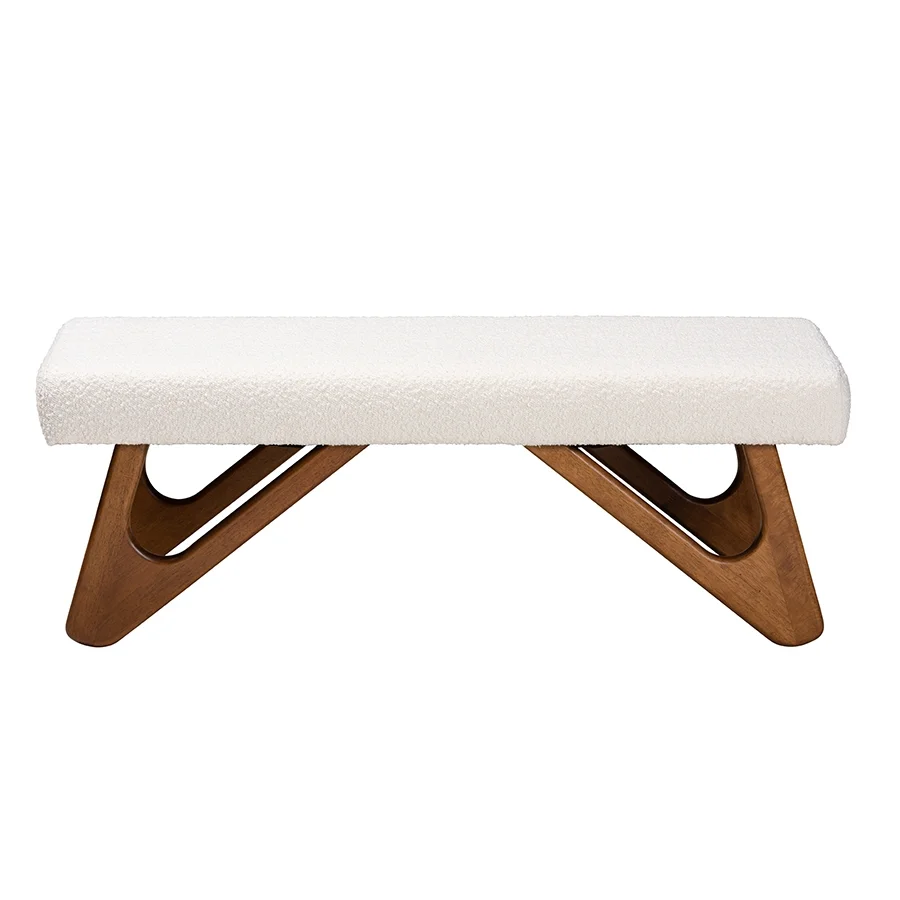 Rika Japandi Cream Boucle Fabric and Walnut Brown Finished Wood Bench - Image 3