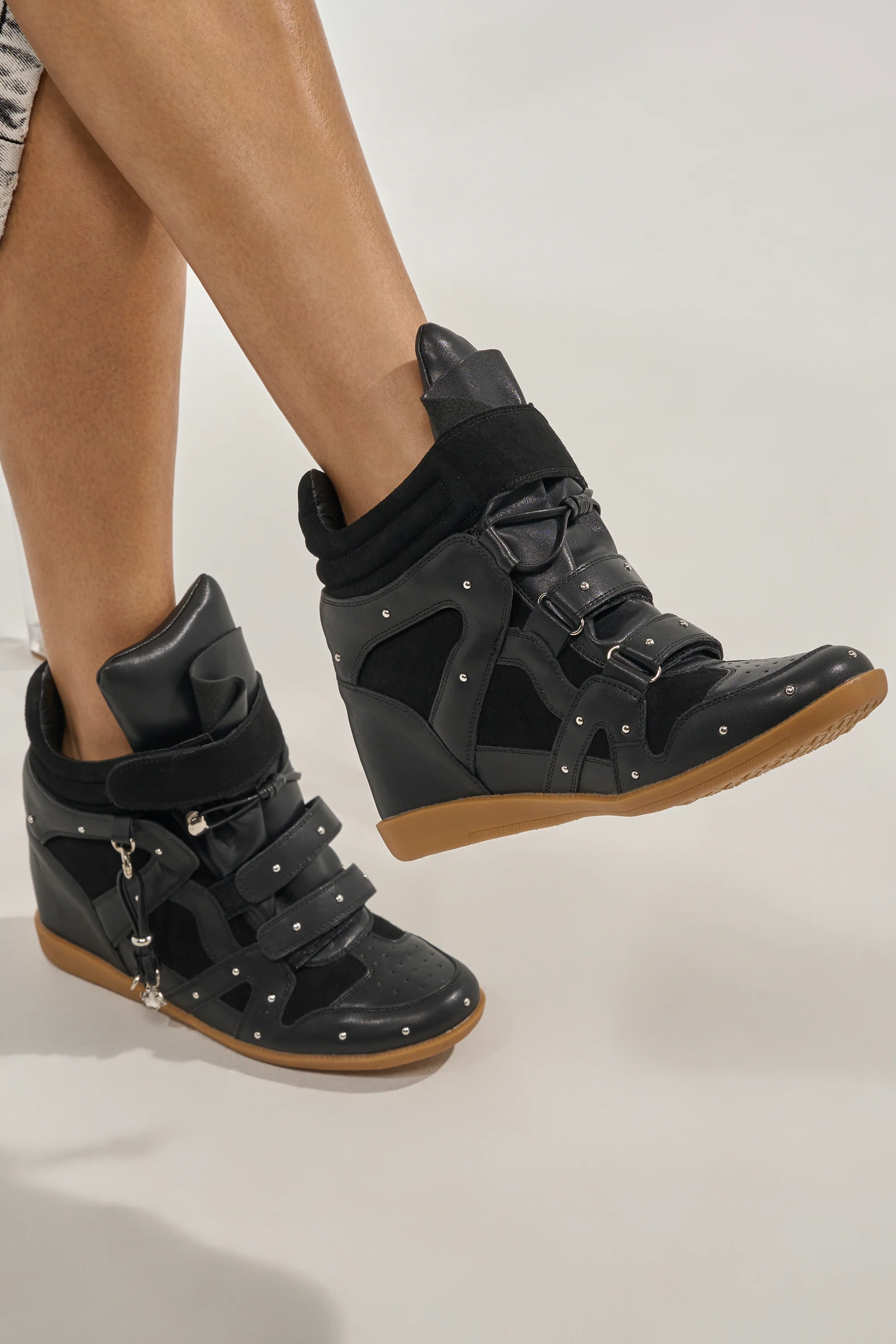 AKIRA GOLD RANGELEY BLACK SILVER HARDWARE EMBELLISHED WEDGE SNEAKER - Akira Store