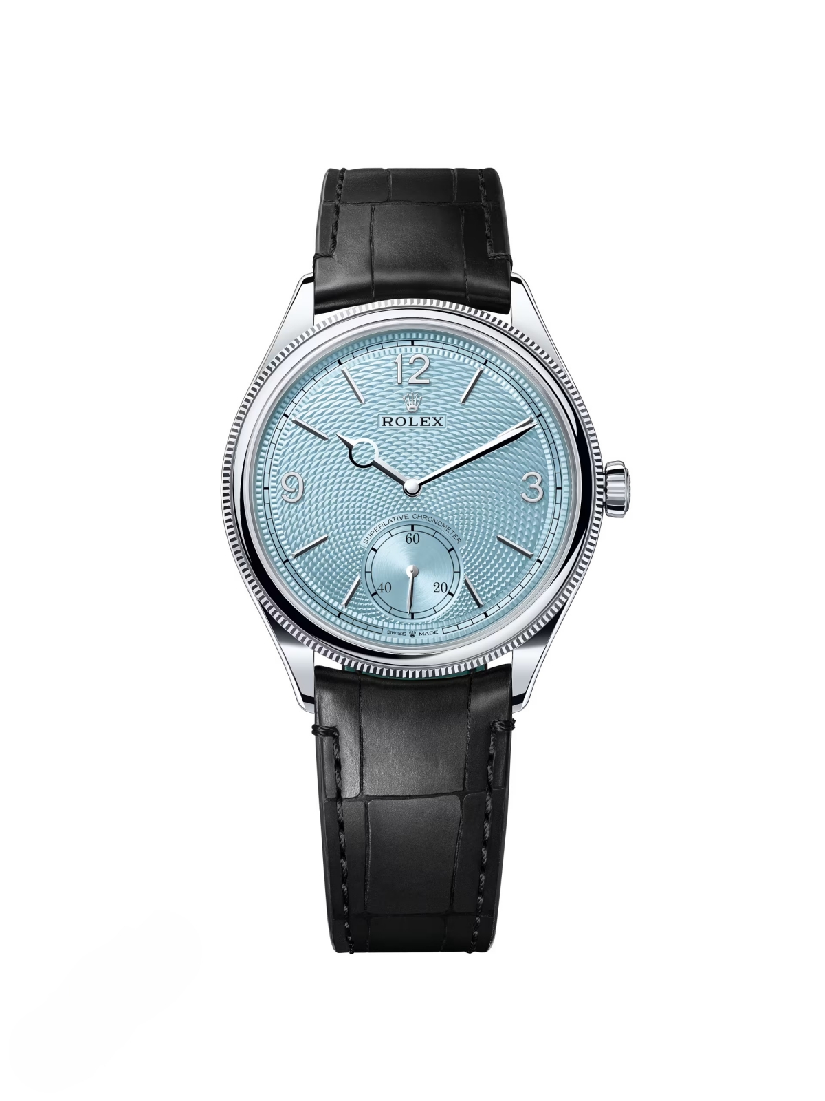 [Super Clone]Rolex 1908 Platinum Ice Blue Dial Black Alligator Strap - 52506-0003