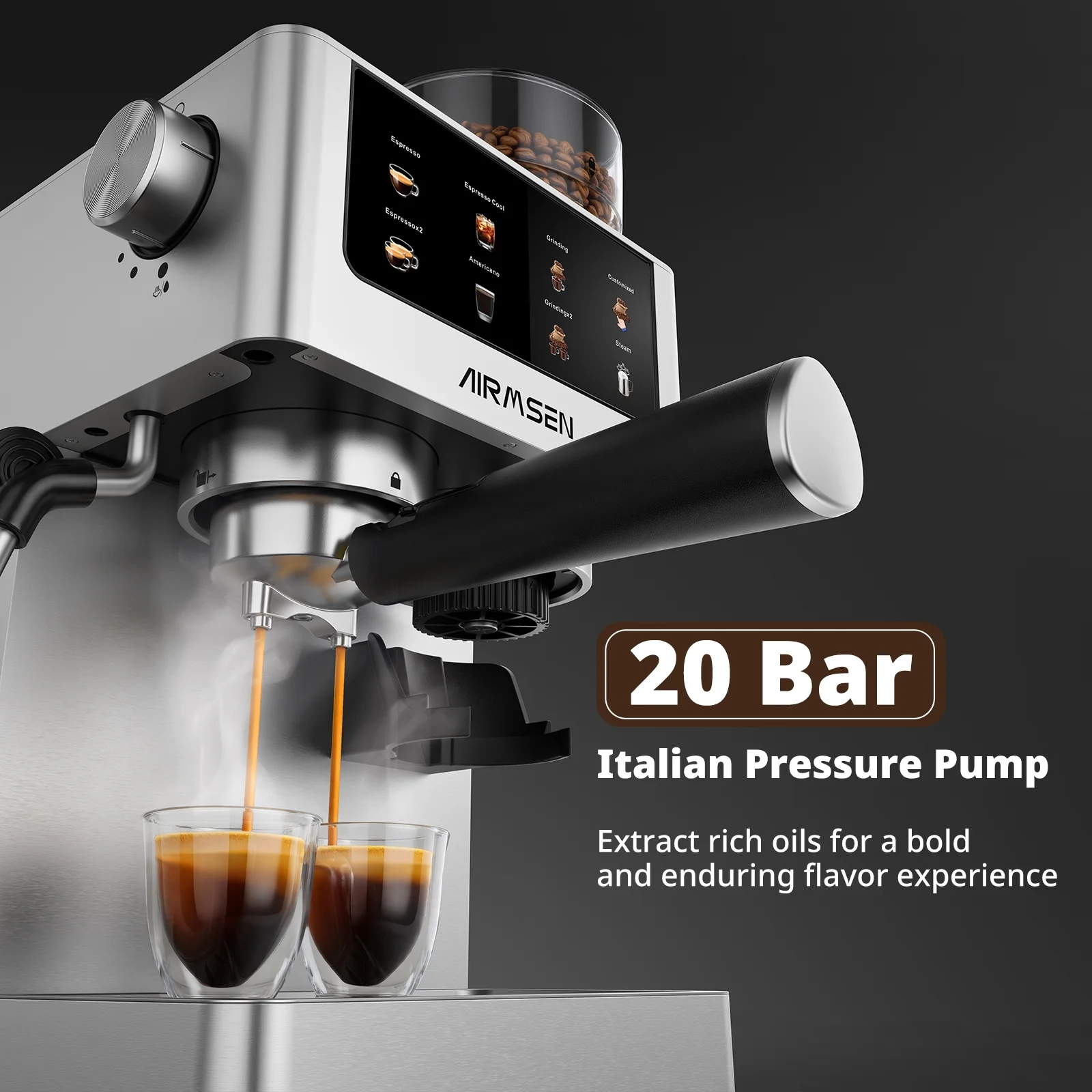 Espresso Machine with Grinder, Espresso Coffee Machine with Customized Grind Amount Coffee Volume, Cold Brew Coffee Maker for Cappuccino Latte Americano, Brushed Stainless Steel - Image 6