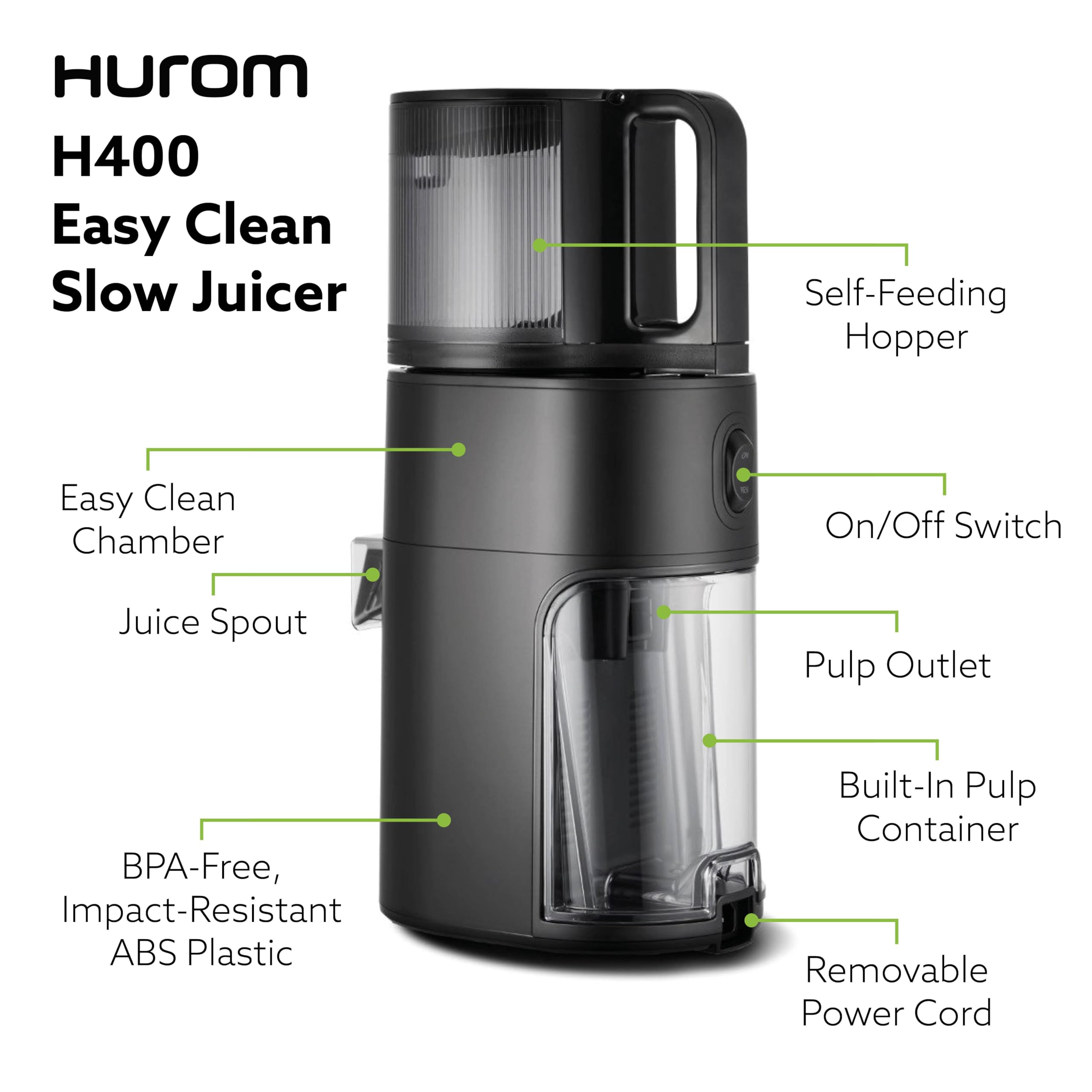 H400 Cold Press Juicer Machine, Award Winning Masticating Slow Juicer, Easy to Clean, Strainer & Hands Free with Self Feeding, Wide Mouth Hopper, Easy Assembly (Matte Black)