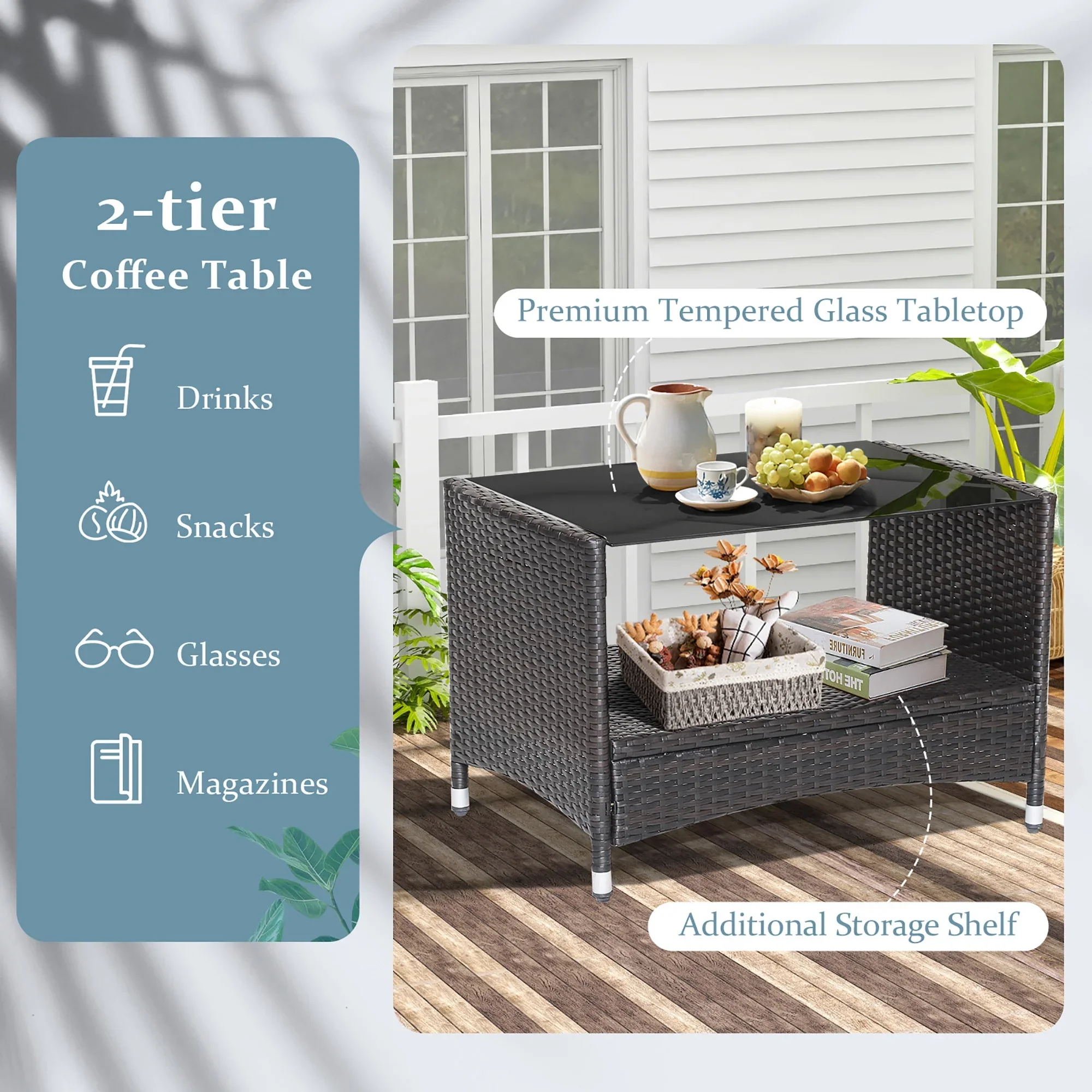Costway 4PCS Patio Rattan Furniture Set Armrest Cushion Sofa Coffee Table withShelf Garden