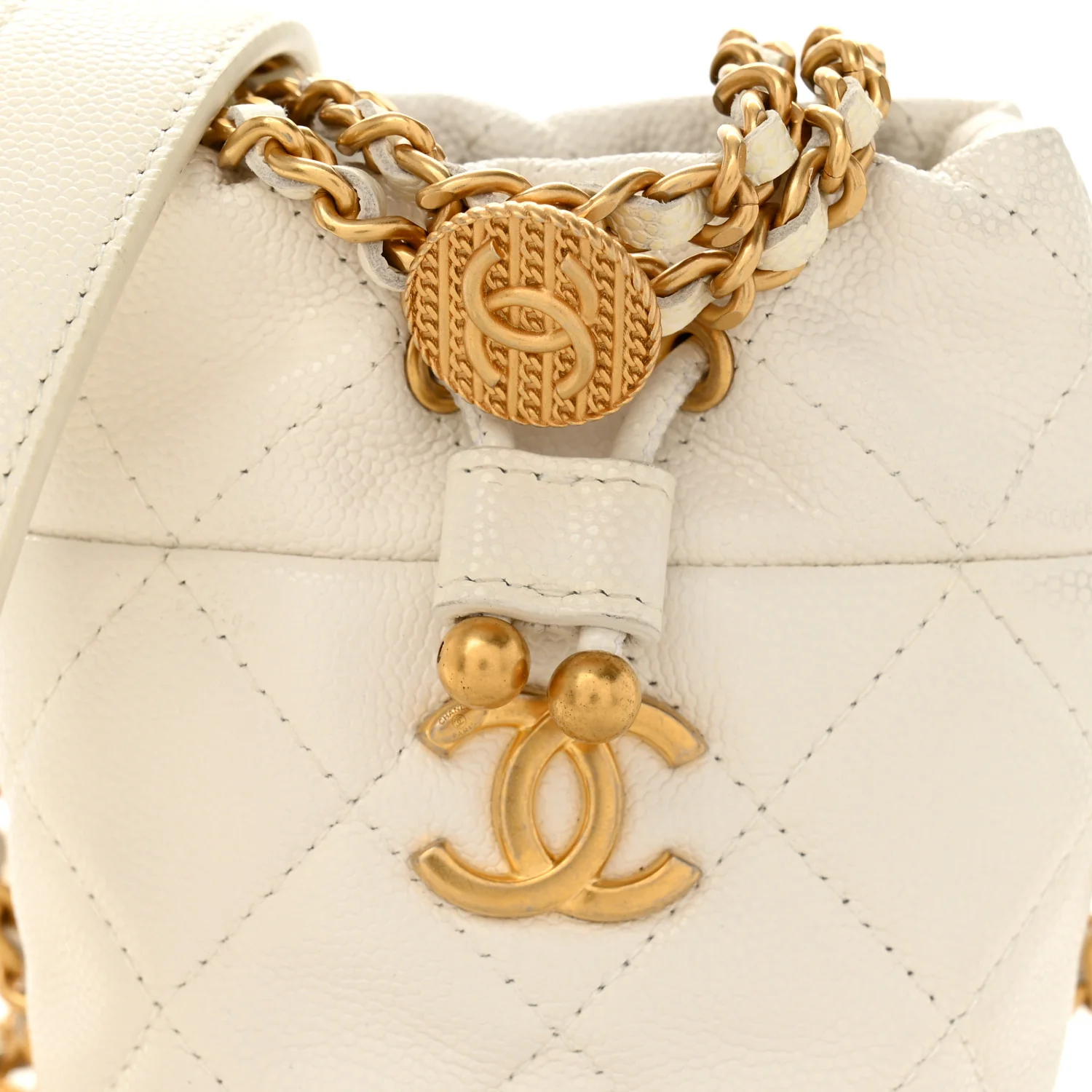 Caviar Quilted Twist Your Buttons Mini Bucket Bag White