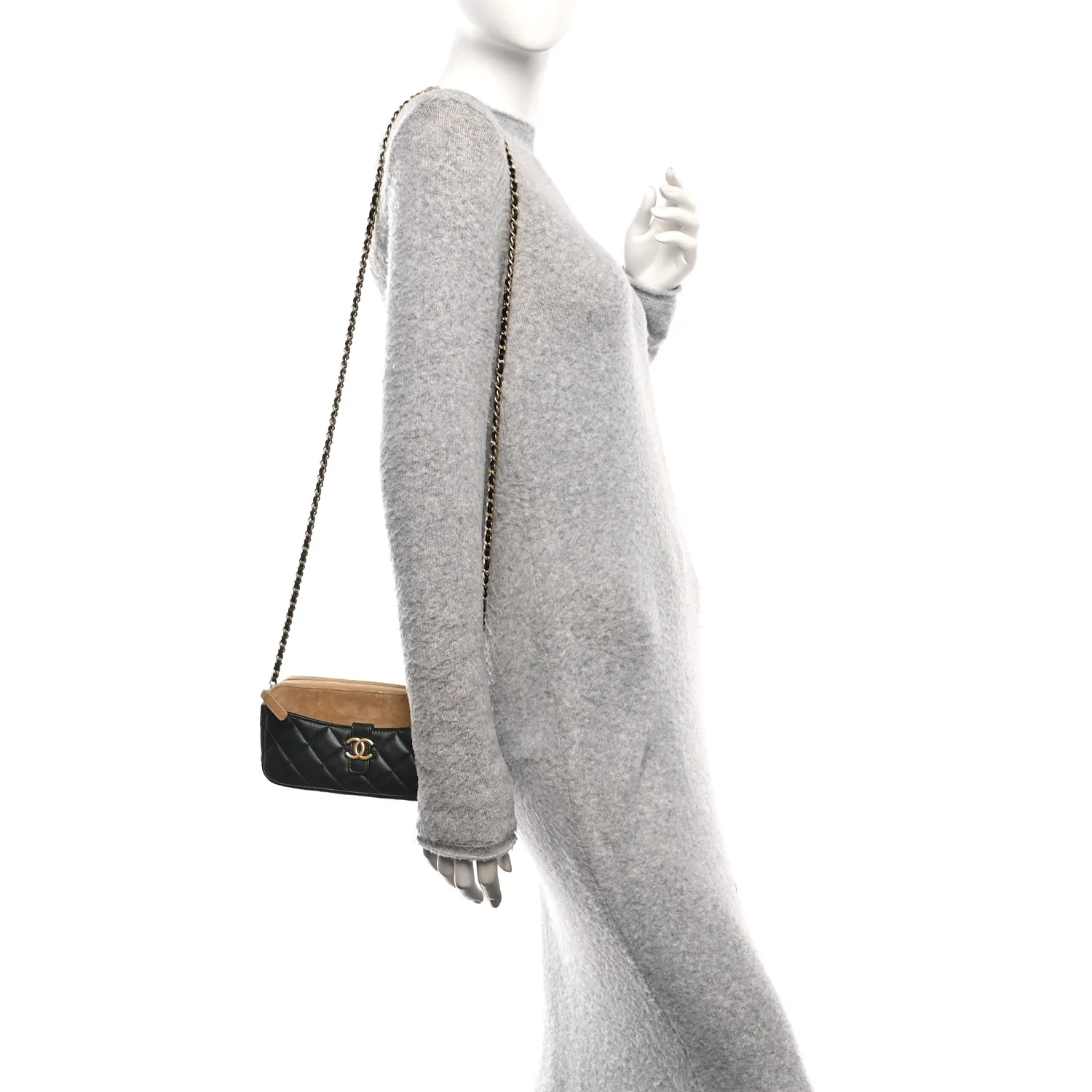 Suede Shiny Lambskin Quilted Phone Holder With Chain Black Beige