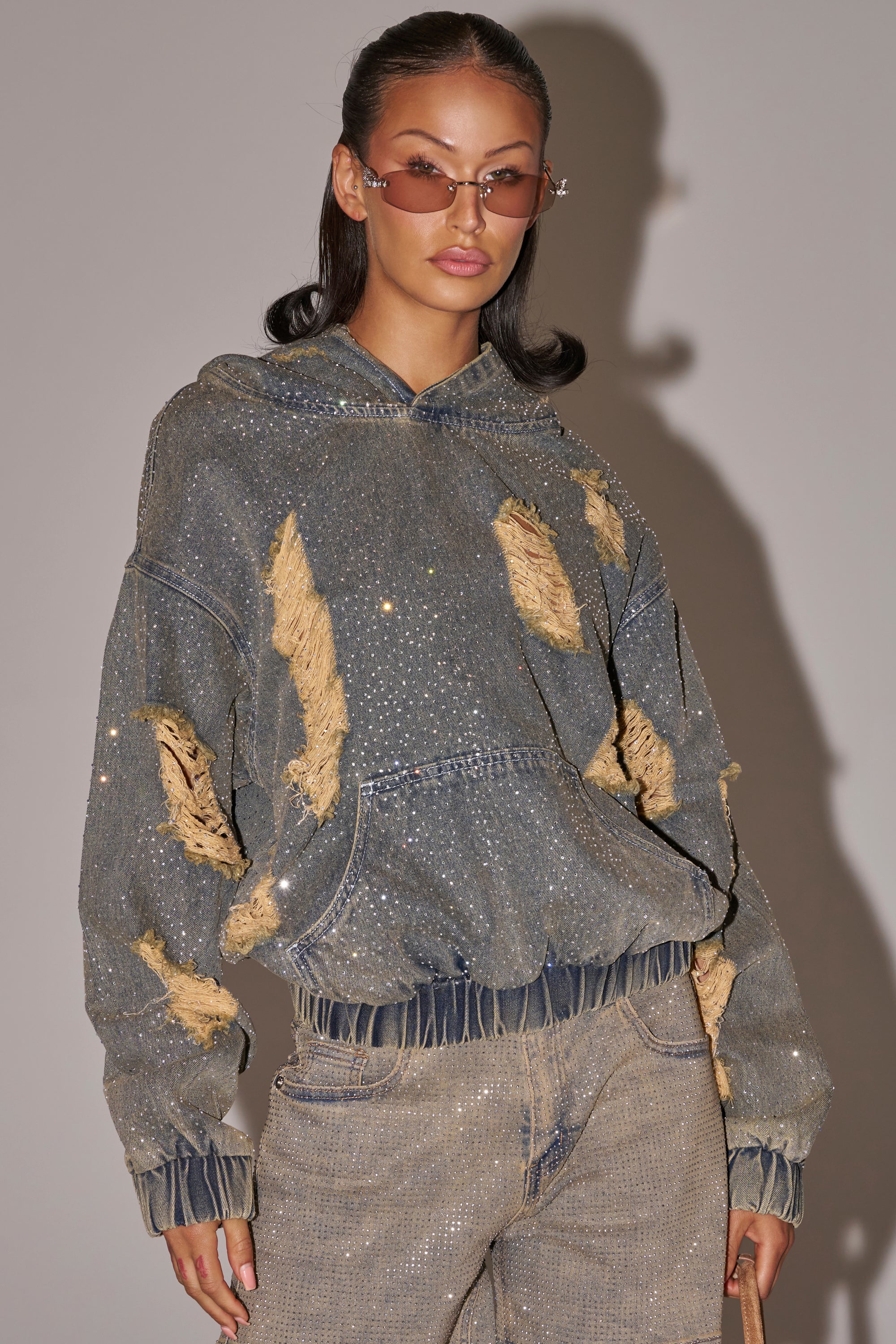 DEMI RHINESTONE DENIM HOODIE - Akira Store
