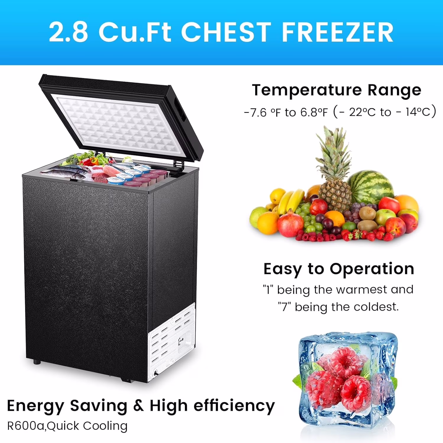 Havato 2.8 cu ft Chest Freezer, Horizontal Freezer with Top Open Door, Detachable Storage Basket, Black