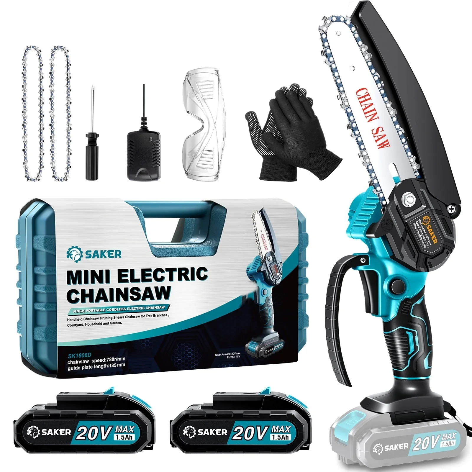 Saker 6 Inch Mini Chainsaw, Handheld Pruning Chainsaw, Electric Cordless Chainsaw for Tree Branches, Courtyard, Household & Garden, With 2PCS 20V 1500mAh Batteries & 3 PCS Chains