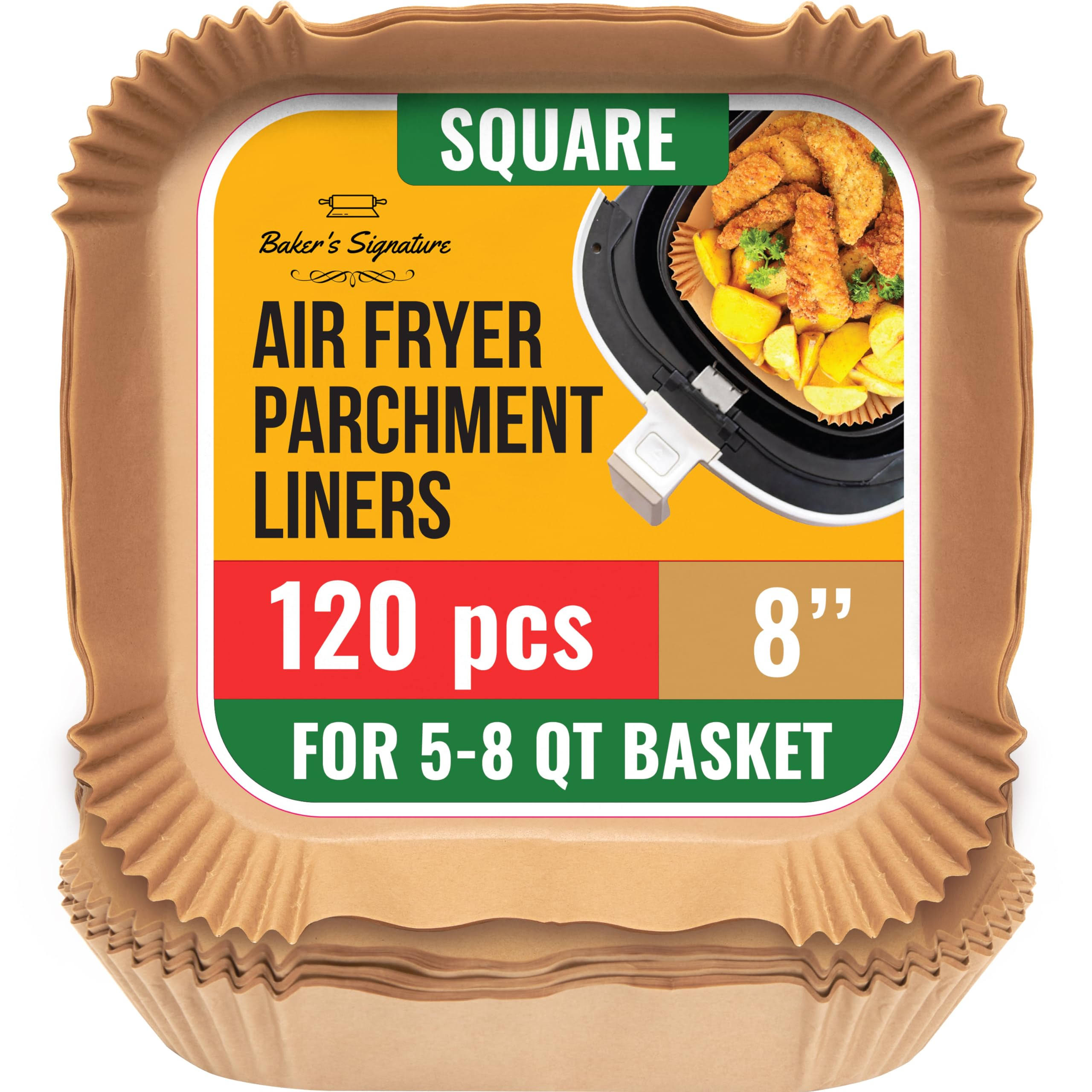 Air Fryer Liners, 120pcs Disposable Parchment Paper Liners ÿ Non-Stick and Oil Proof for Easy Cleanup ÿ 8�� Square for 5-8 qt Basket by Baker's