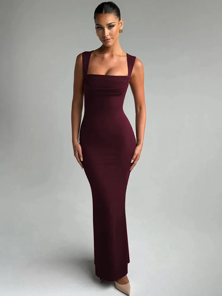 Robe Maxi Moulante Col Carré Robe de Soirée Sculptante