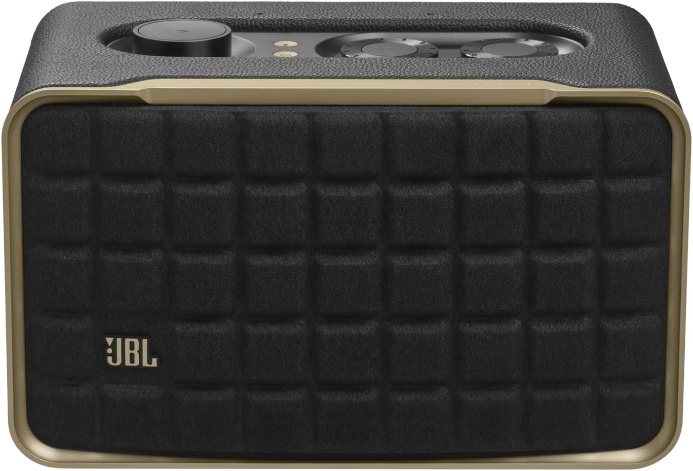 JBL Authentics 200 - Retro Style Smart Home Speaker with Built in Wi-Fi  Bluetooth and Voice Assistants  Alexa and Google Assistant  Multi-Room Playback  Automatic self tuning (Black/Gold)