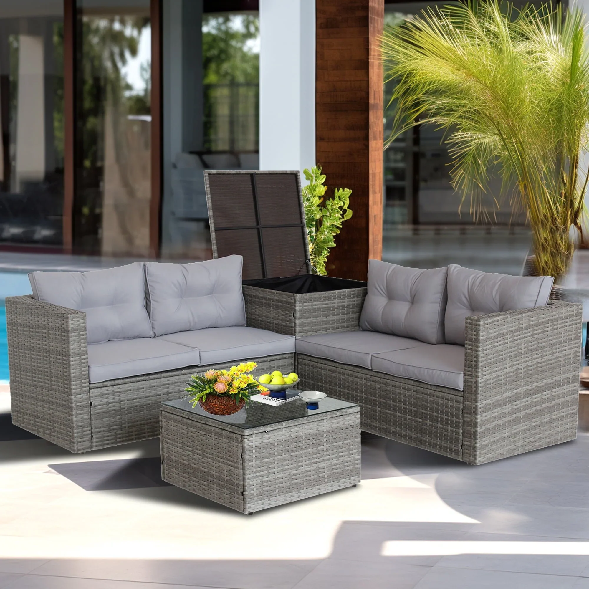 SEGMART Patio Furniture Sets, 4 Piece Patio Furniture Sets with Loveseat Sofa, Storage Box, Tempered Glass Coffee Table, All-Weather Patio Sectional Sofa Set with Cushions for Backyard Garden Pool