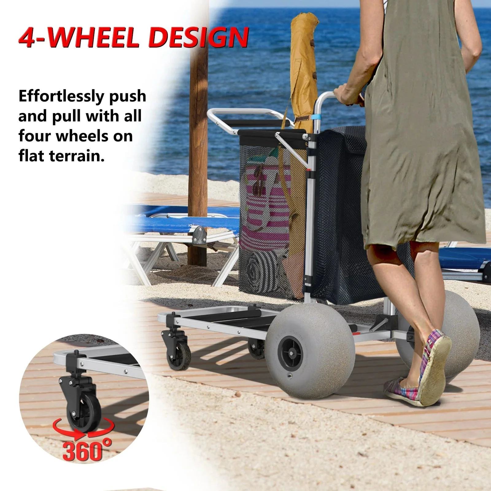 Chariot de plage pliable avec poignée réglable et roues ballons de 30 cm (12 po), en aluminium robuste, capacité de 100 kg (220 lb).