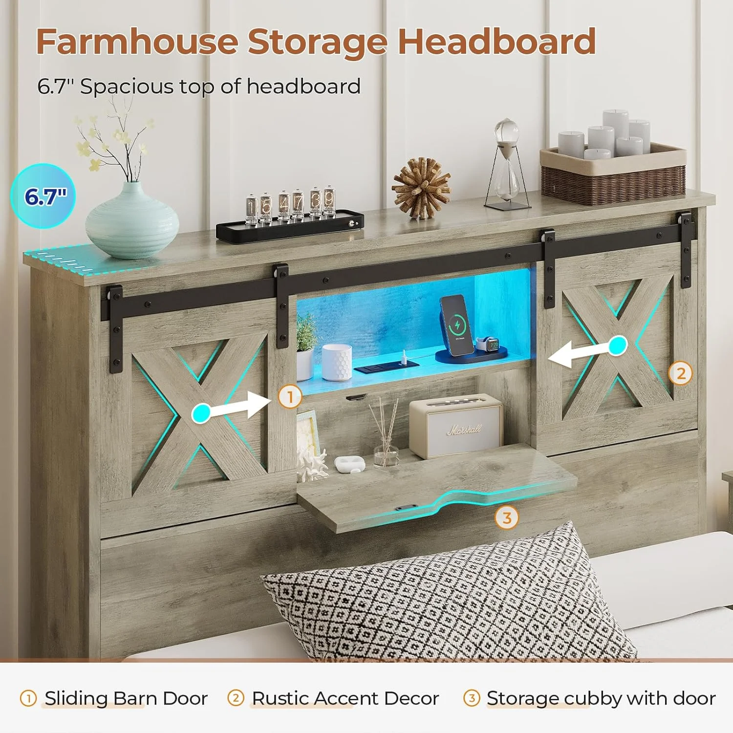 Twin XL Size Bed Frame with Headboard and Drawers, Farmhouse Twin XL Platform Bed Frame with LED Lights and Charging Station, No Box Spring Needed,Gray(Twin-XL) - Image 6