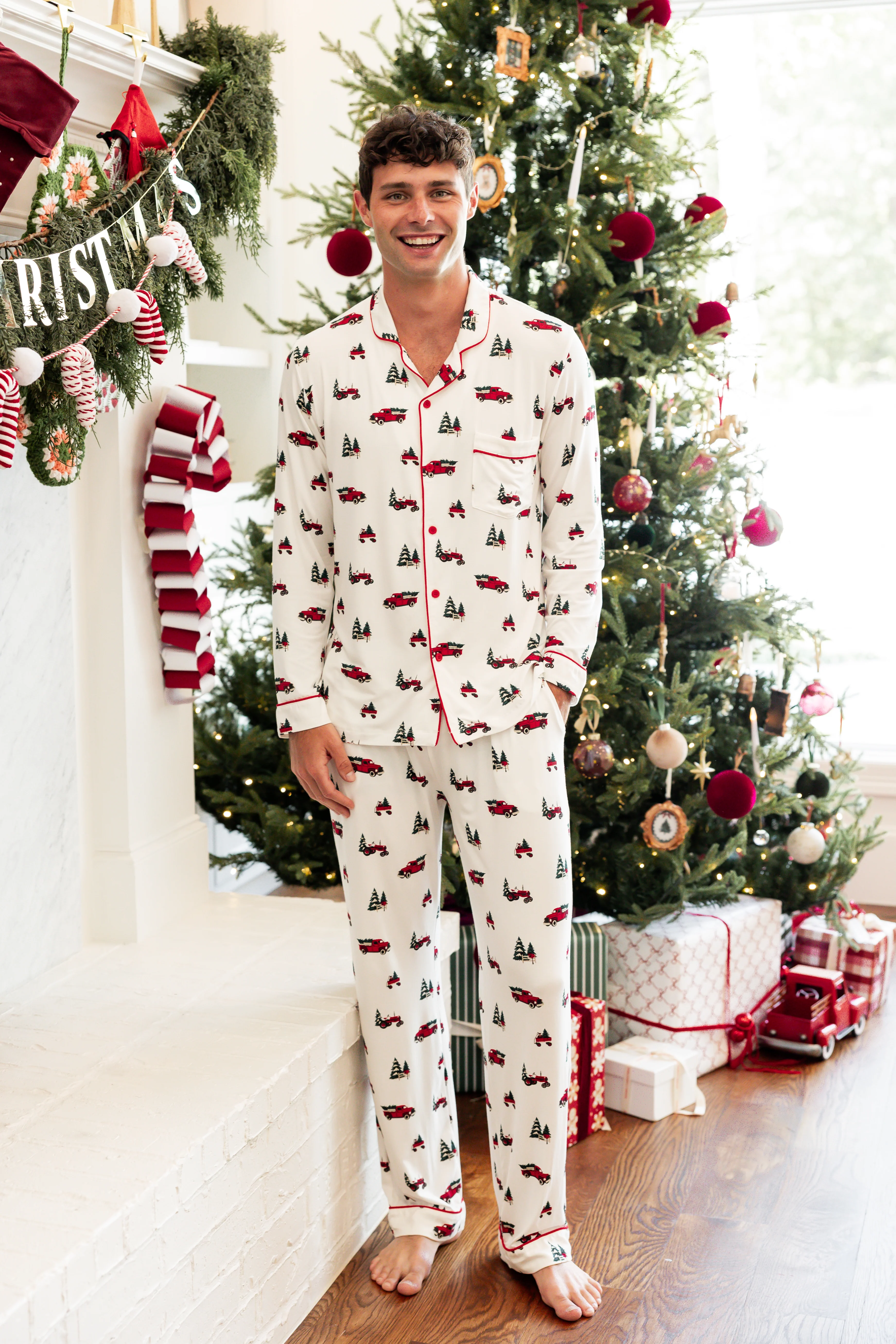 Men's Long Sleeve Pajama Set in Holiday Tree Farm