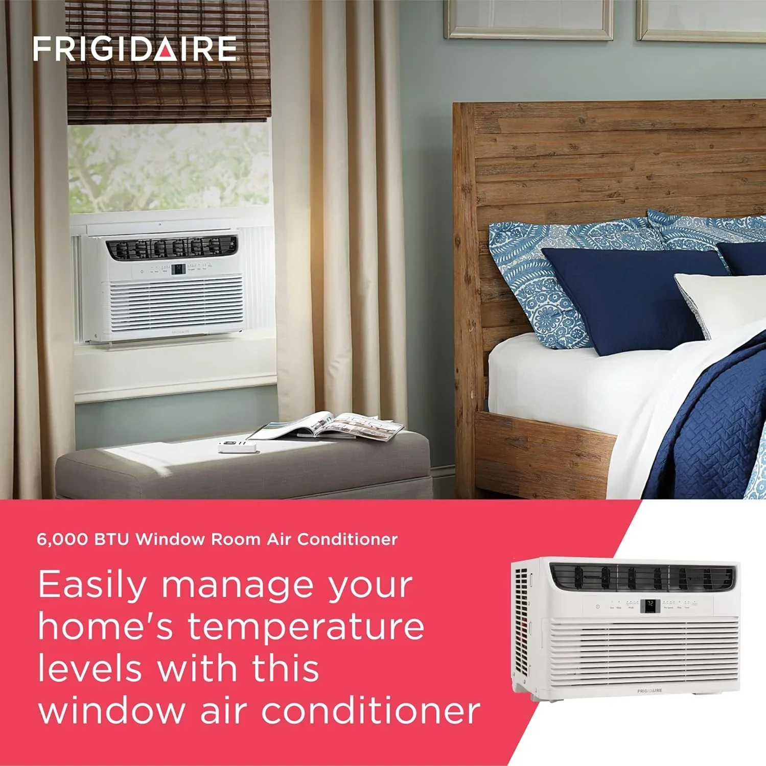 Climatiseur de fenêtre Frigidaire 5 000 BTU avec télécommande. Refroidit jusqu'à 150 pi². Fonctionnement silencieux.