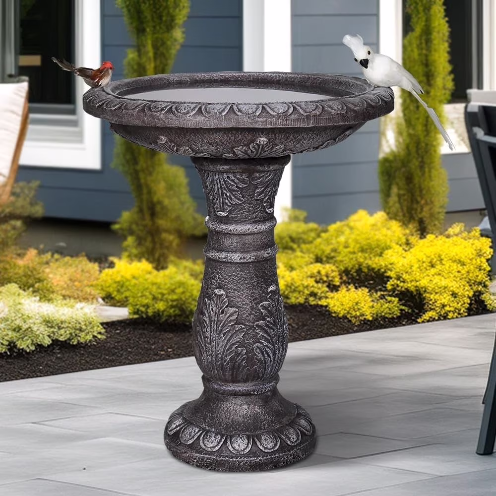 24.4 H Cement Bird Bath for Garden- Fibre Reinforced Concrete Bird Baths for Outdoors, Large Size Vintage Carved Pedestal Birdbath for Patio, Yard, Lawn -20��Dia. X 24.4��H Bird Fountain