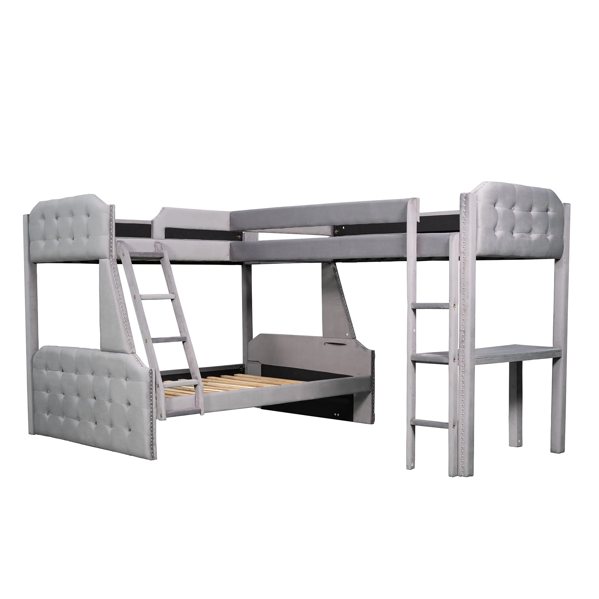 Upholstery L Shaped Twin over Full Bunk Bed and Twin Loft Bed with Desk for Kids Bedroom, Gray Image 5