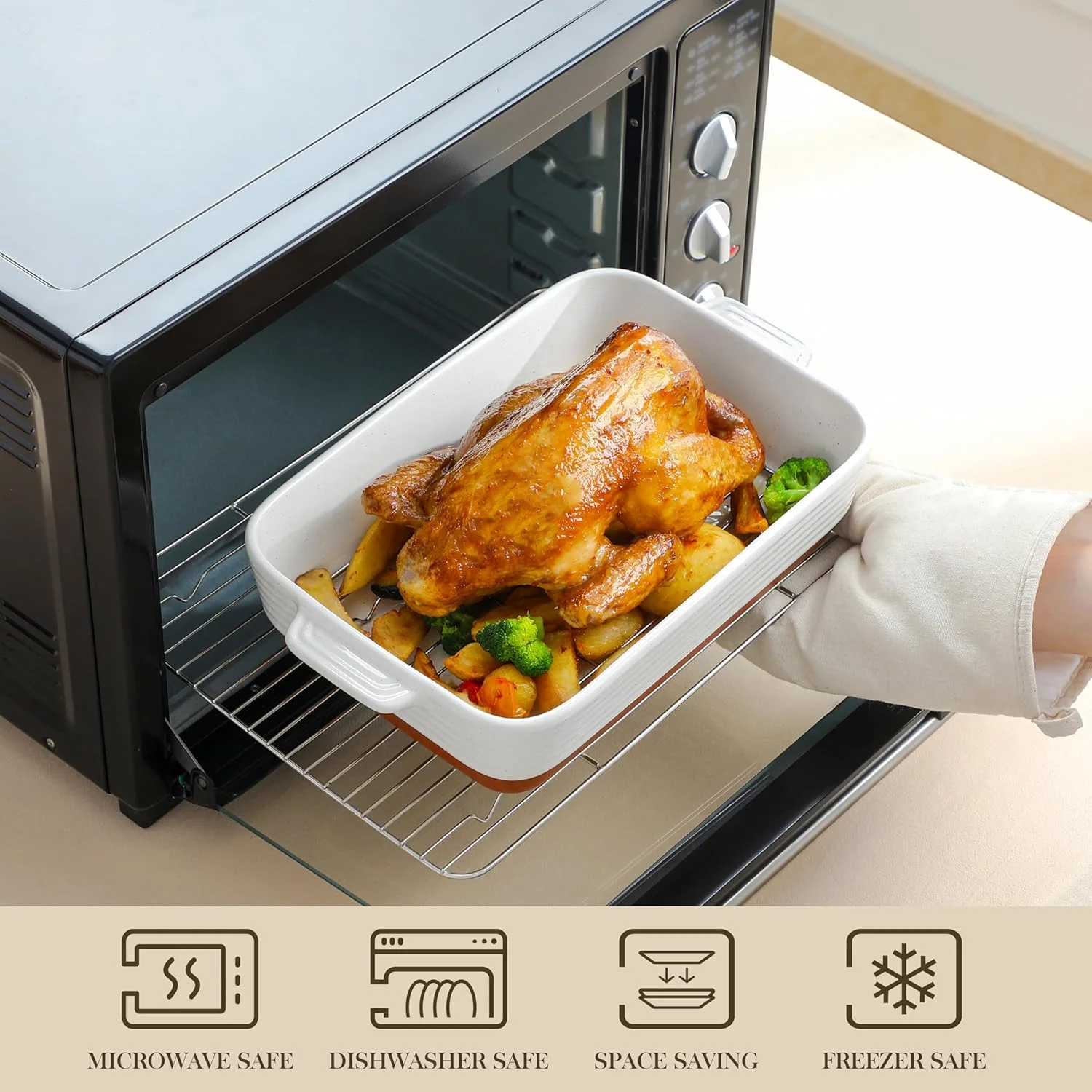 Casserole Dishes for Oven with Roasting Racks, Ceramic Baking Dishes Set of 3, Baking Pan Casserole Dish Set, Rectangular Lasagna Pan Deep with Handles for Baking, Khaki White (14.5''/13''/10.5''),(With Racks)