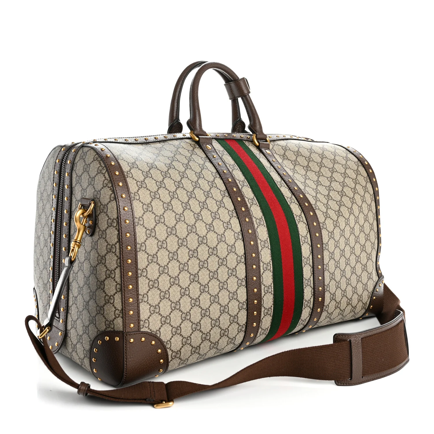 GG Supreme Monogram Textured Dollar Calfskin Web Studded Large Savoy Duffle Bag Beige Ebony