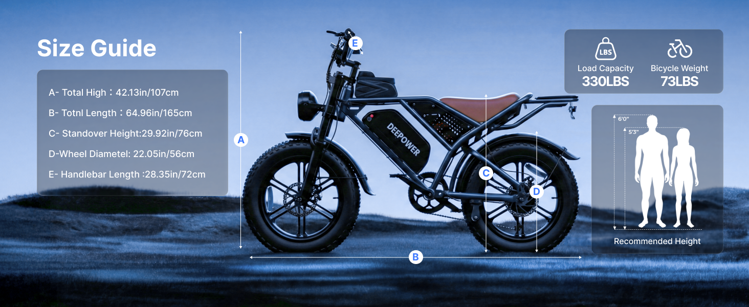 load capacity (330LBS). weight (73LBS). and recommended rider height